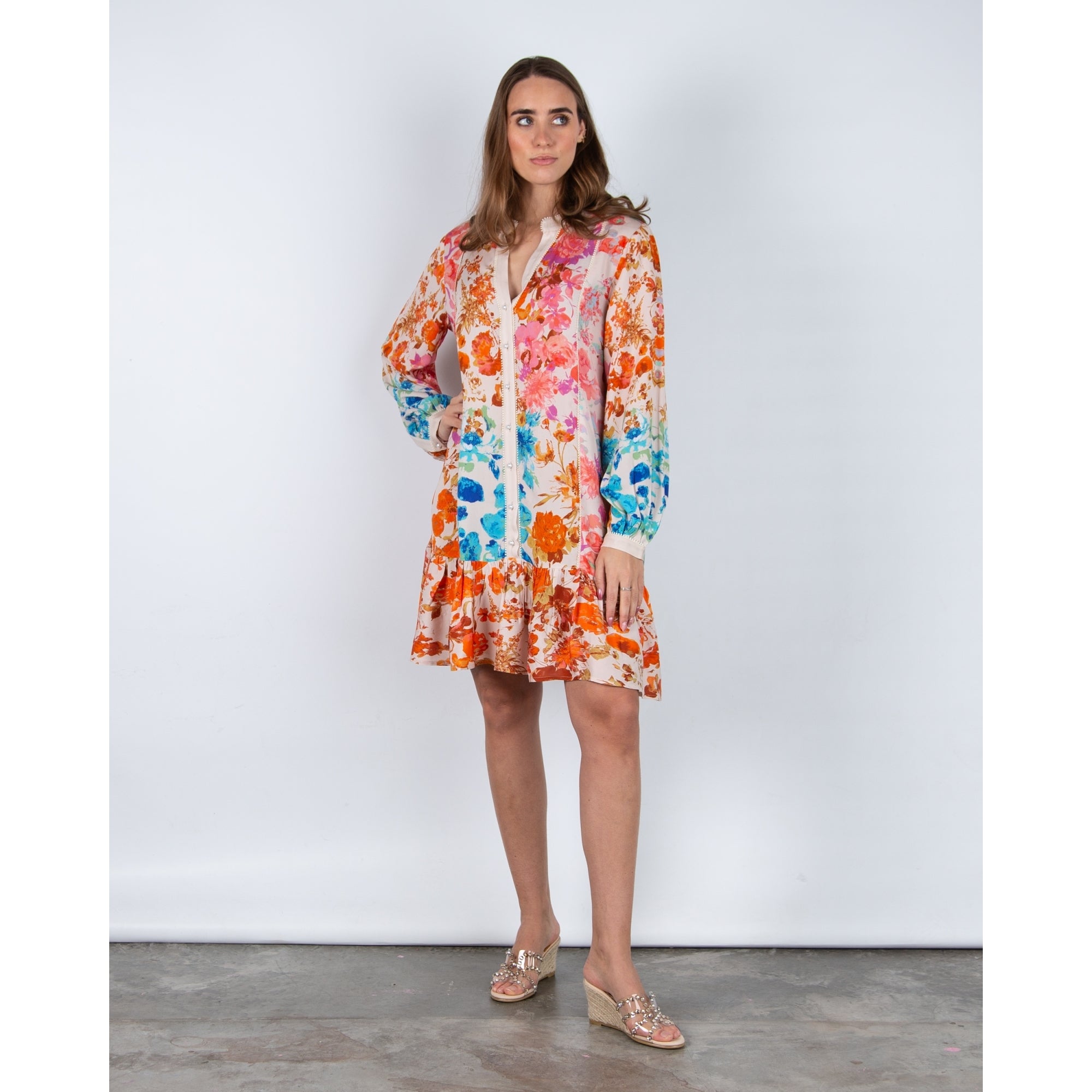 Stella Moretti Ava Floral Tiered Hem Pearl Button Dress With Lace Isola De Gardenia