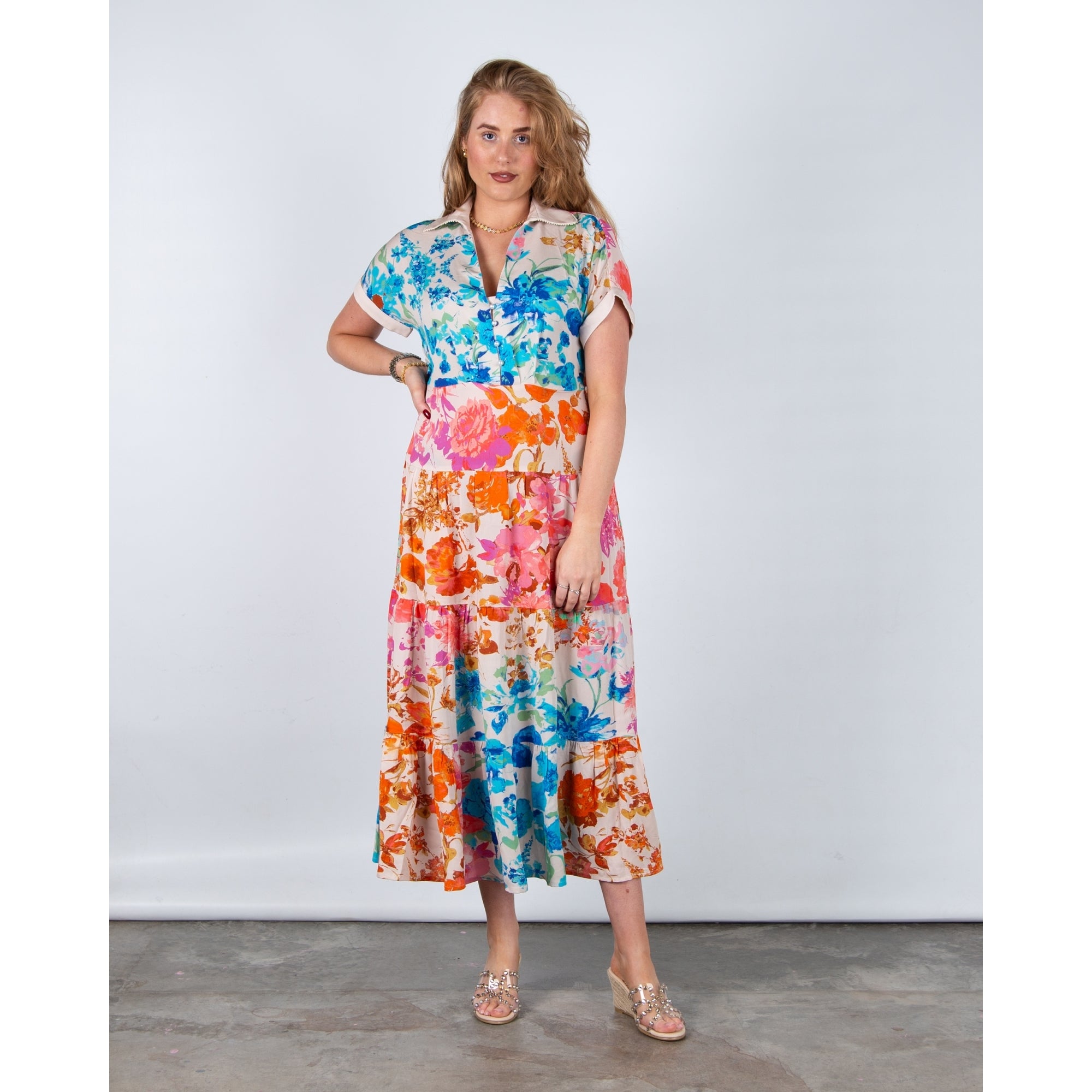 Stella Moretti Leone Shirt Collar Tiered Maxi Dress With Pearl Butt Isola De Gardenia