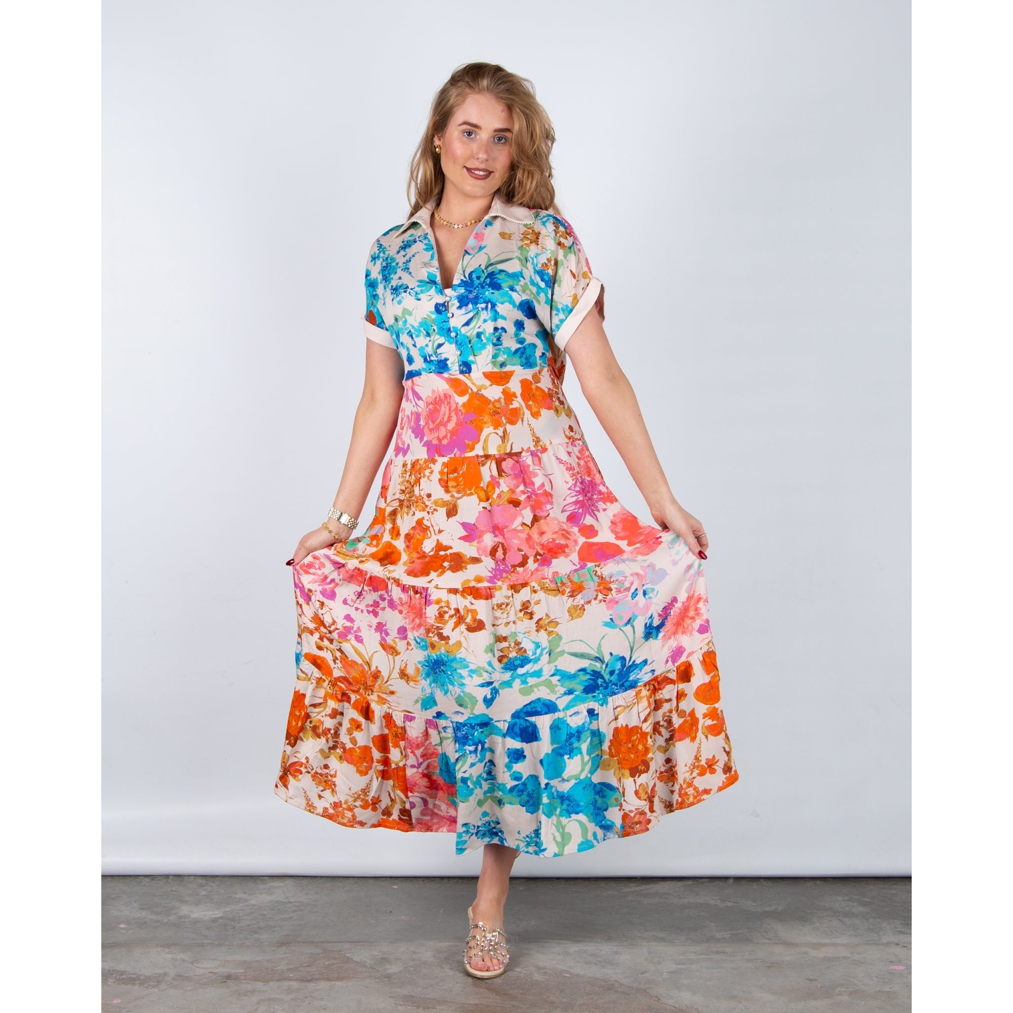 Stella Moretti Leone Shirt Collar Tiered Maxi Dress With Pearl Butt Isola De Gardenia