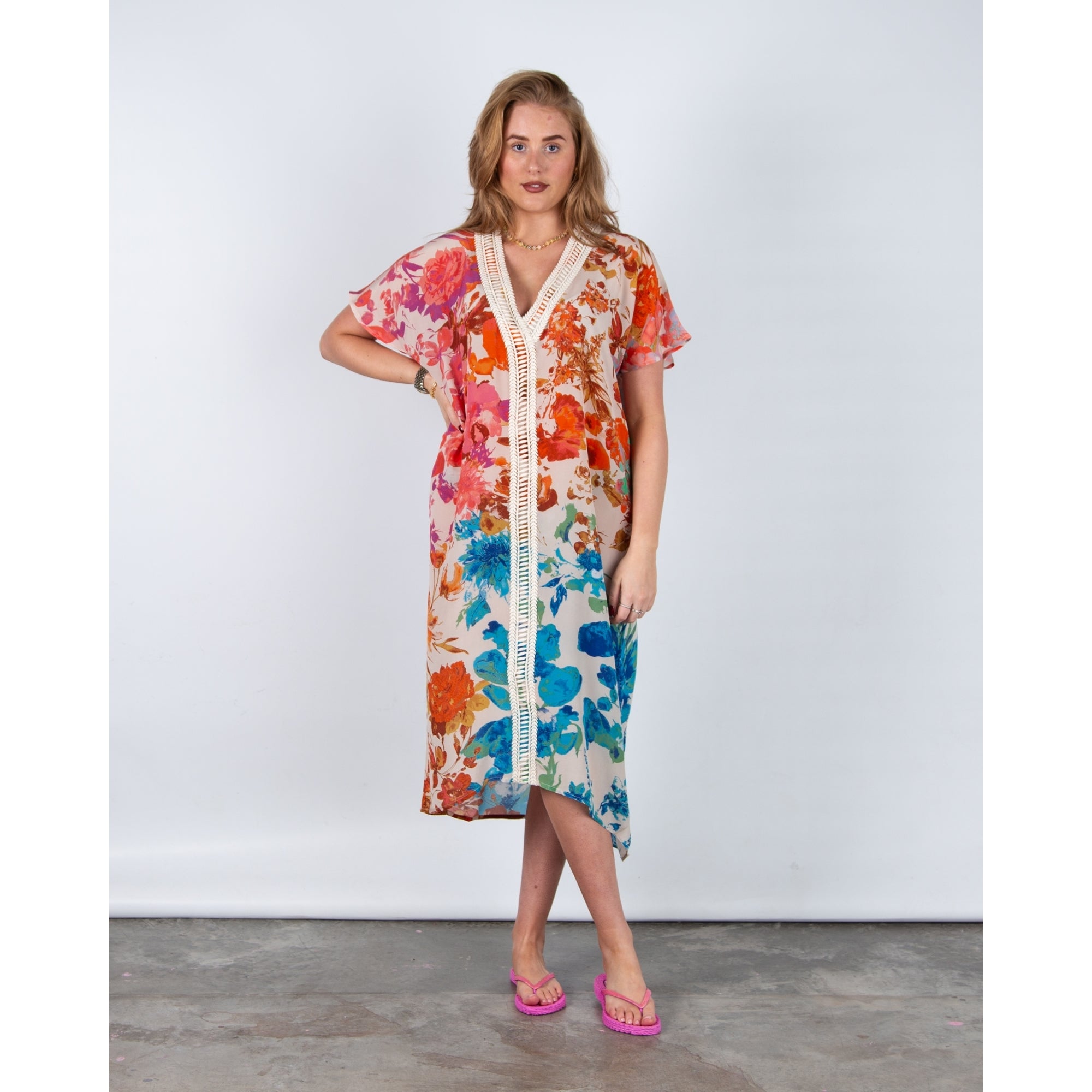 Stella Moretti Aza Floral Silk V Neck Kaftan With Lace Detail Isola De Gardenia