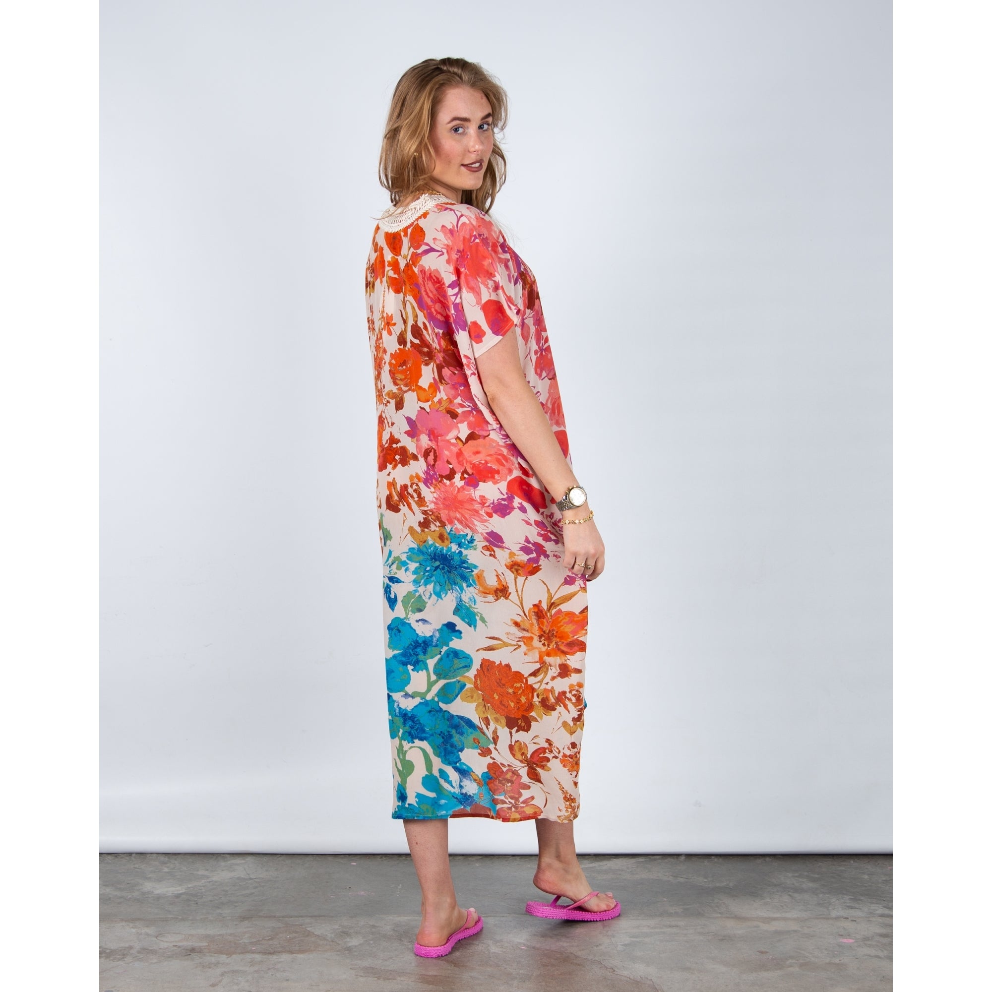 Stella Moretti Aza Floral Silk V Neck Kaftan With Lace Detail Isola De Gardenia