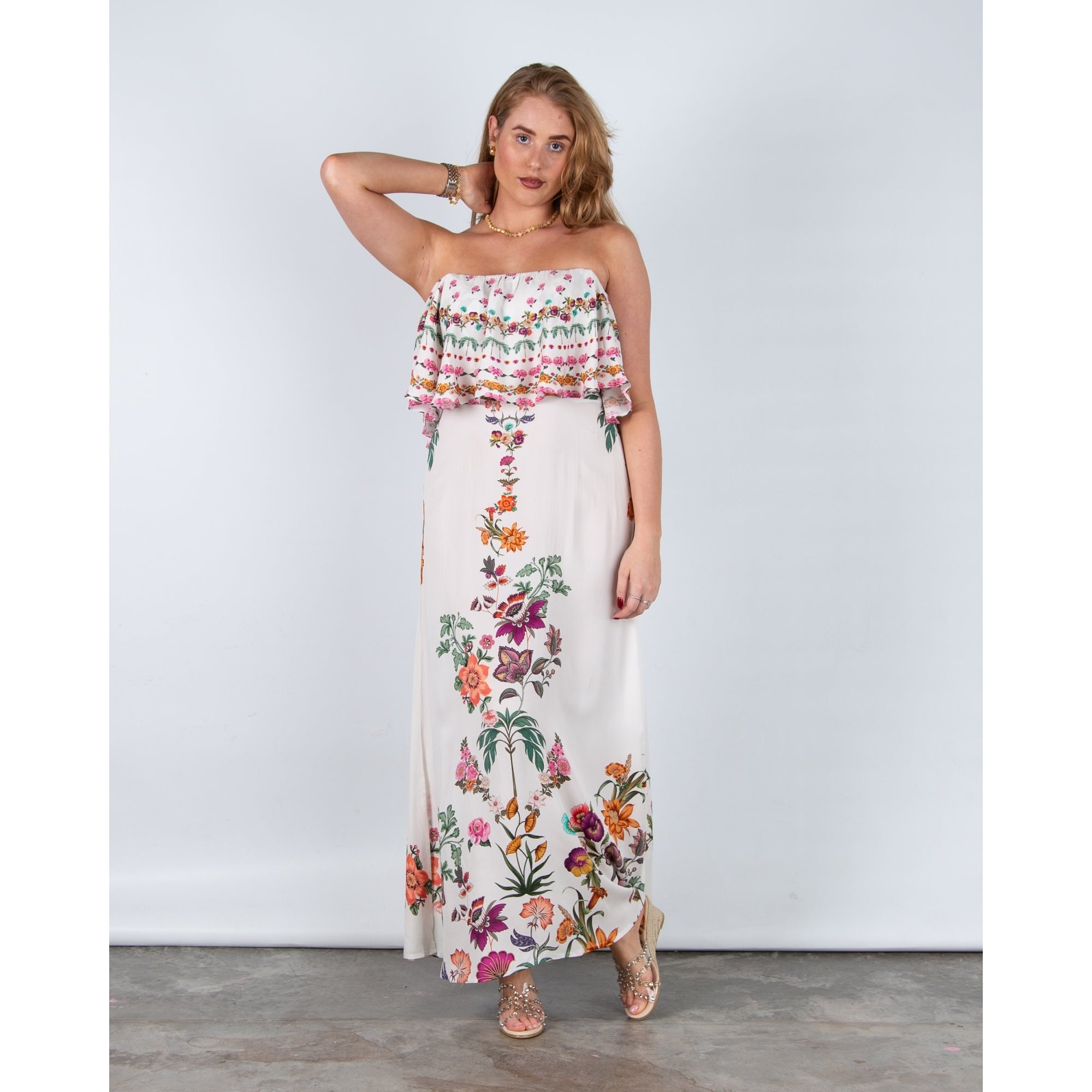 Stella Moretti Ladybell Floral Print Frill Bardot Maxi Dress Paradiso Floreale