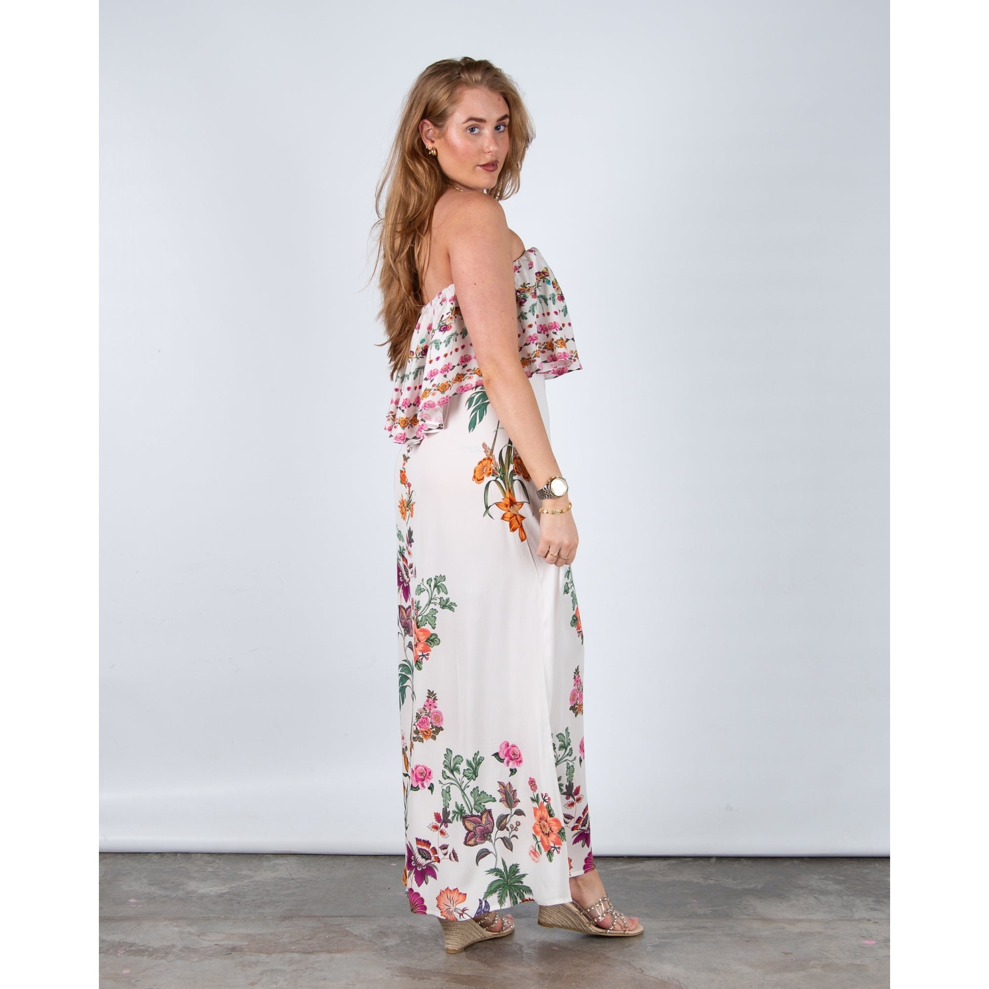 Stella Moretti Ladybell Floral Print Frill Bardot Maxi Dress Paradiso Floreale