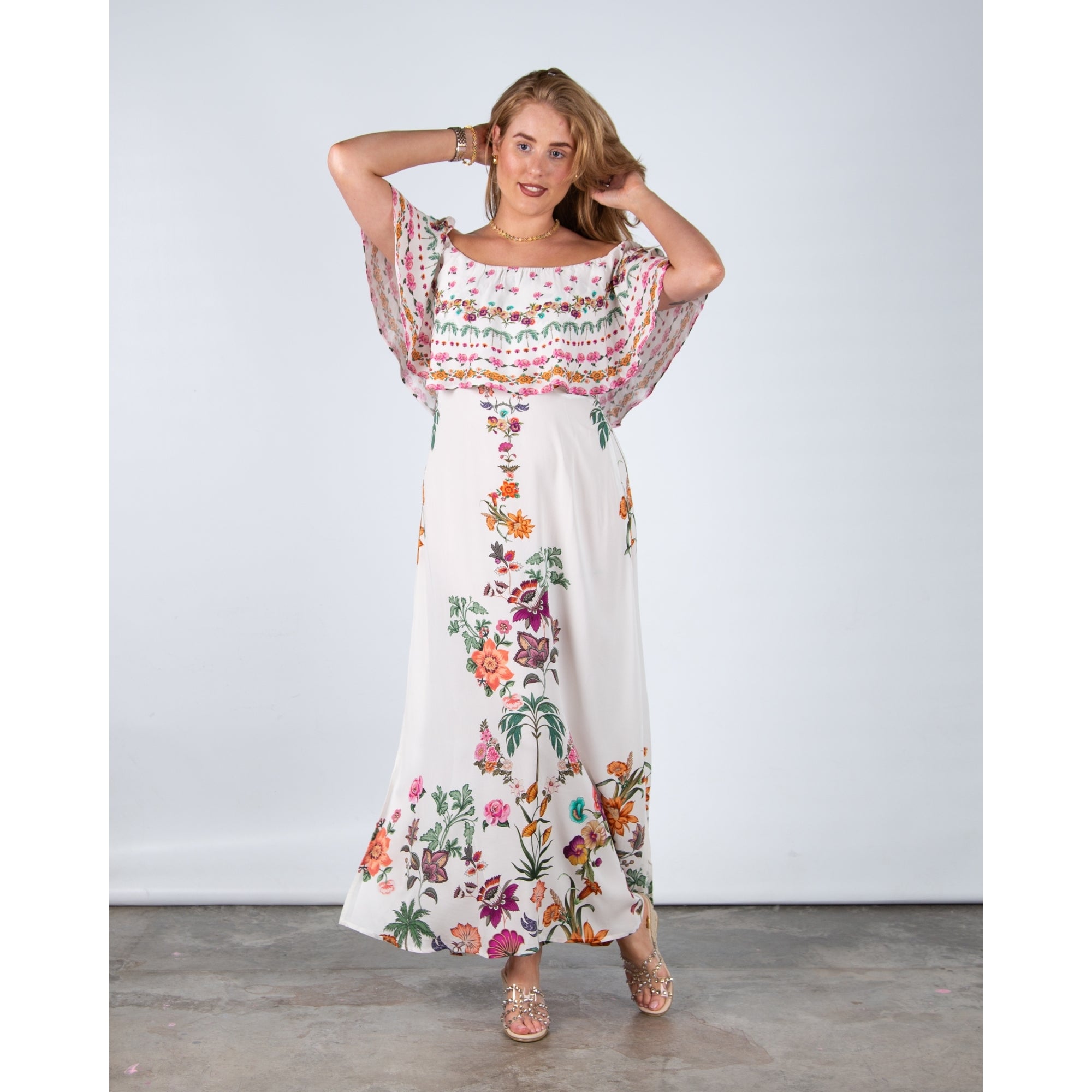 Stella Moretti Ladybell Floral Print Frill Bardot Maxi Dress Paradiso Floreale