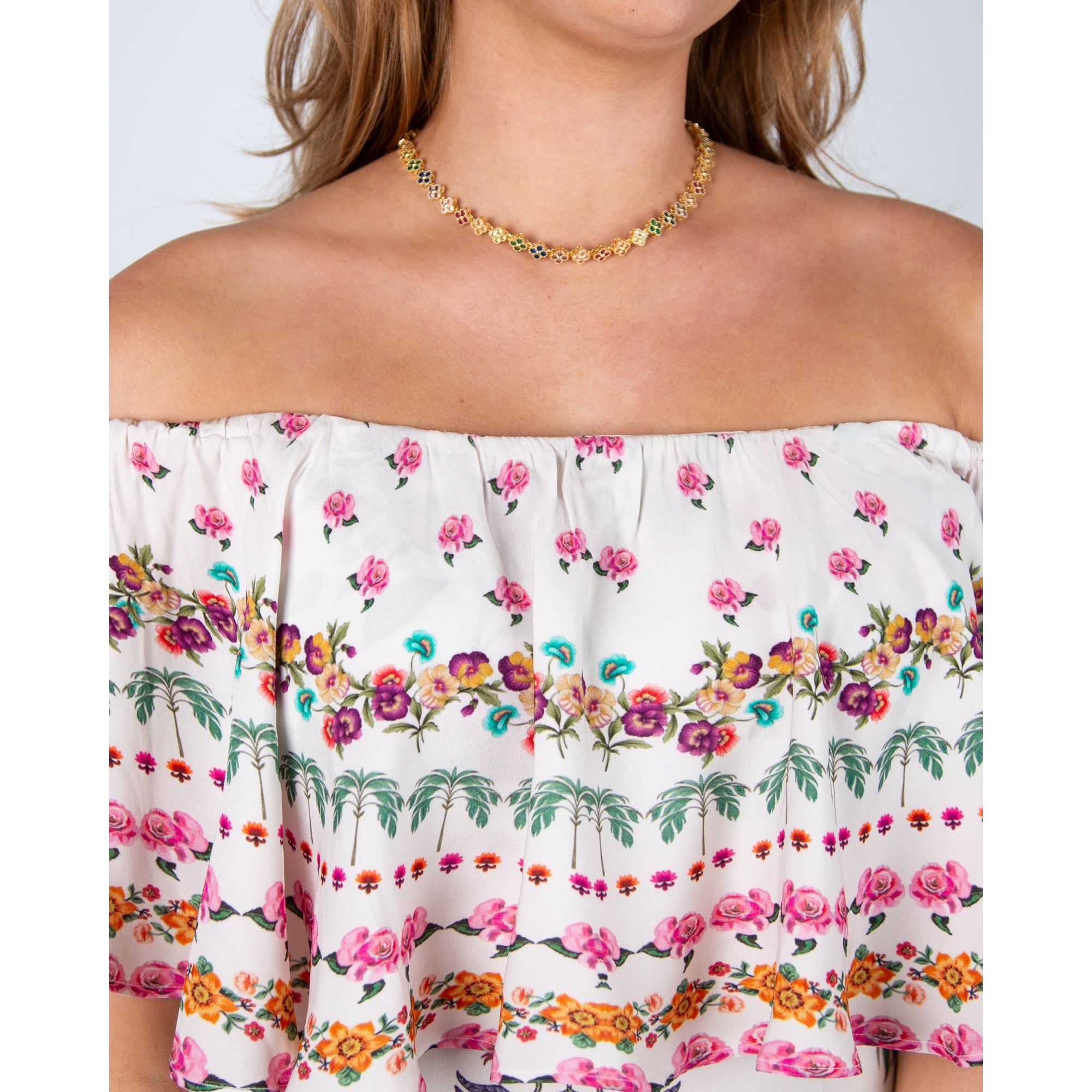 Stella Moretti Ladybell Floral Print Frill Bardot Maxi Dress Paradiso Floreale