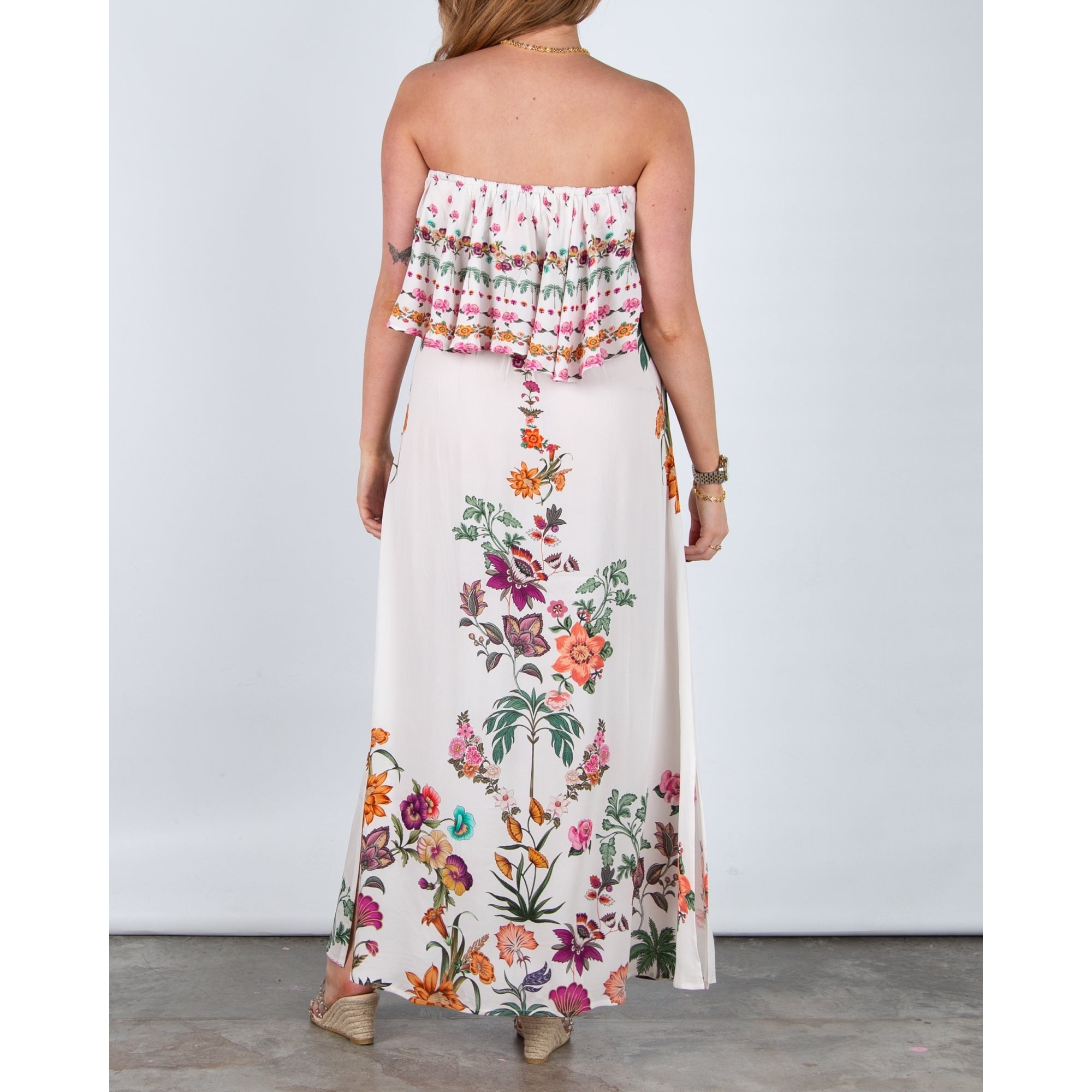 Stella Moretti Ladybell Floral Print Frill Bardot Maxi Dress Paradiso Floreale