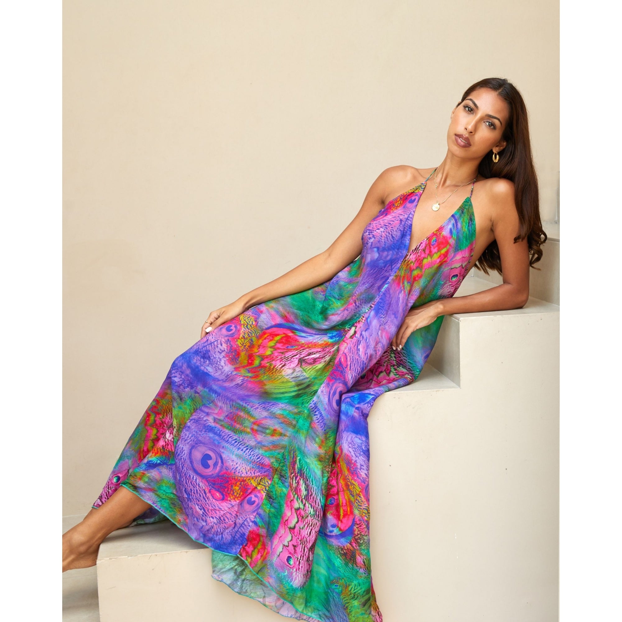 Guilty Beach Peacock Print Low Back Halter Neck Maxi Dress Purple Multi
