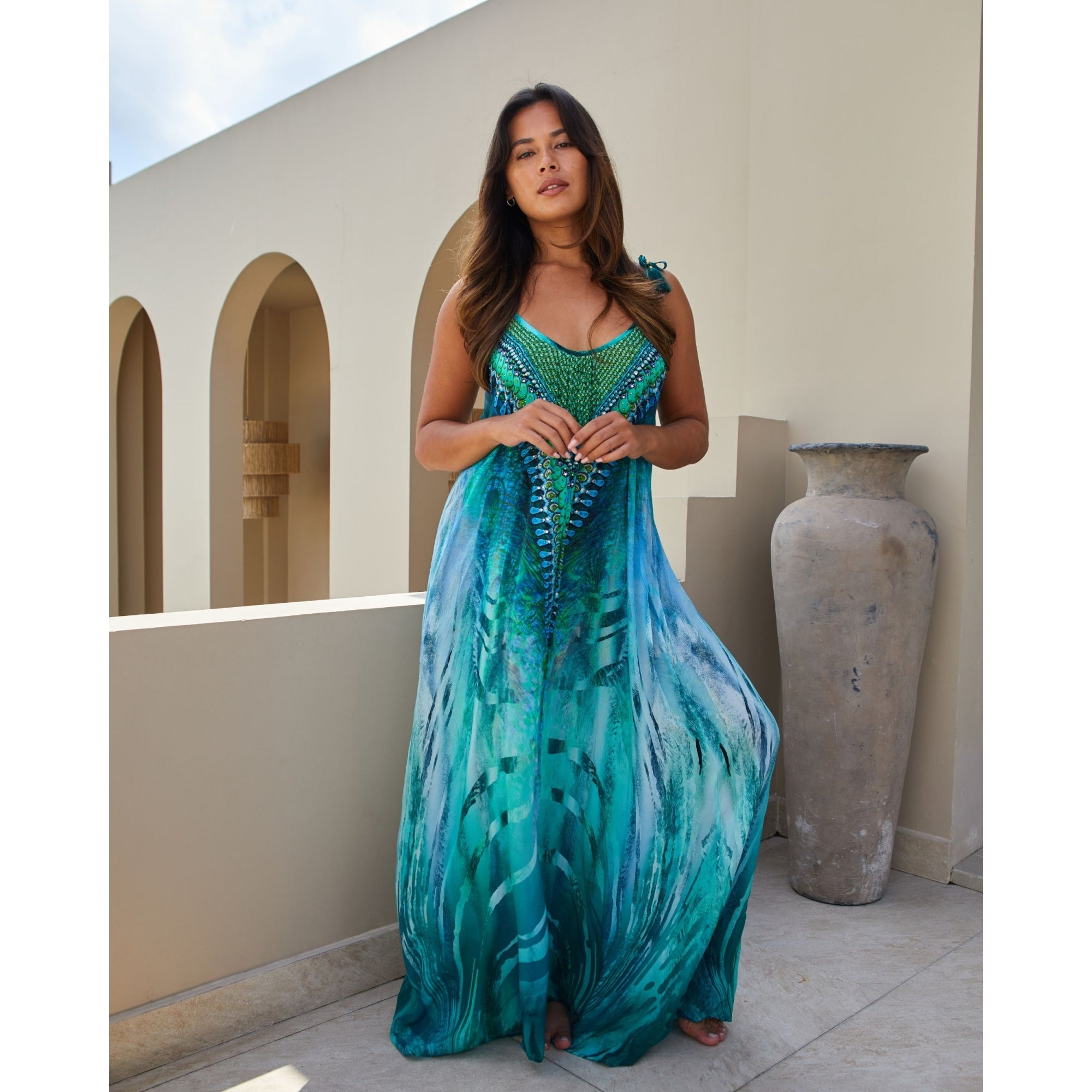 Guilty Beach Spaghetti Strap Tie Shoulder Jewelled Maxi Dress Emerald