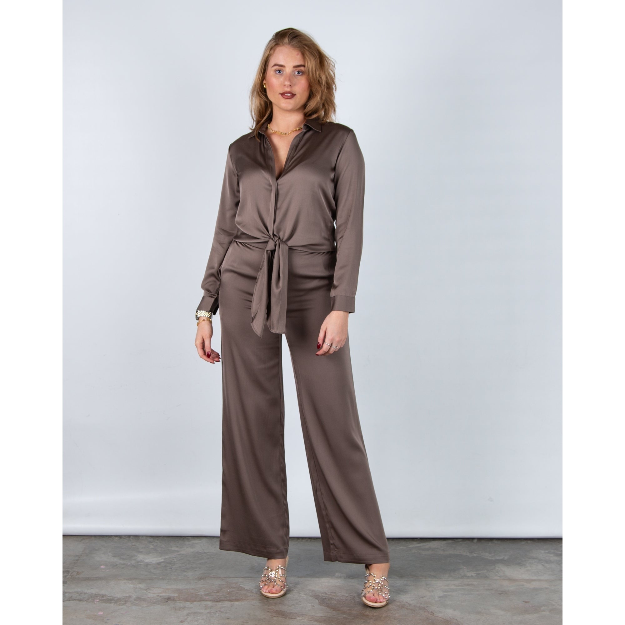 Silk95 Amalfi Elasticated Waist Wide Leg Silk Trouser Mink