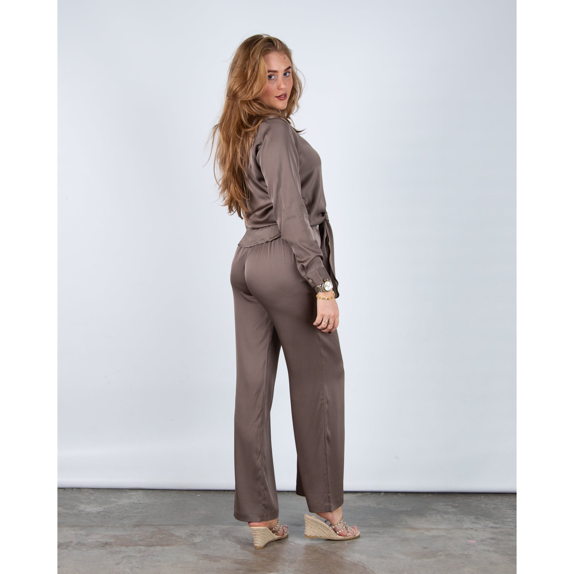 Silk95 Amalfi Elasticated Waist Wide Leg Silk Trouser Mink