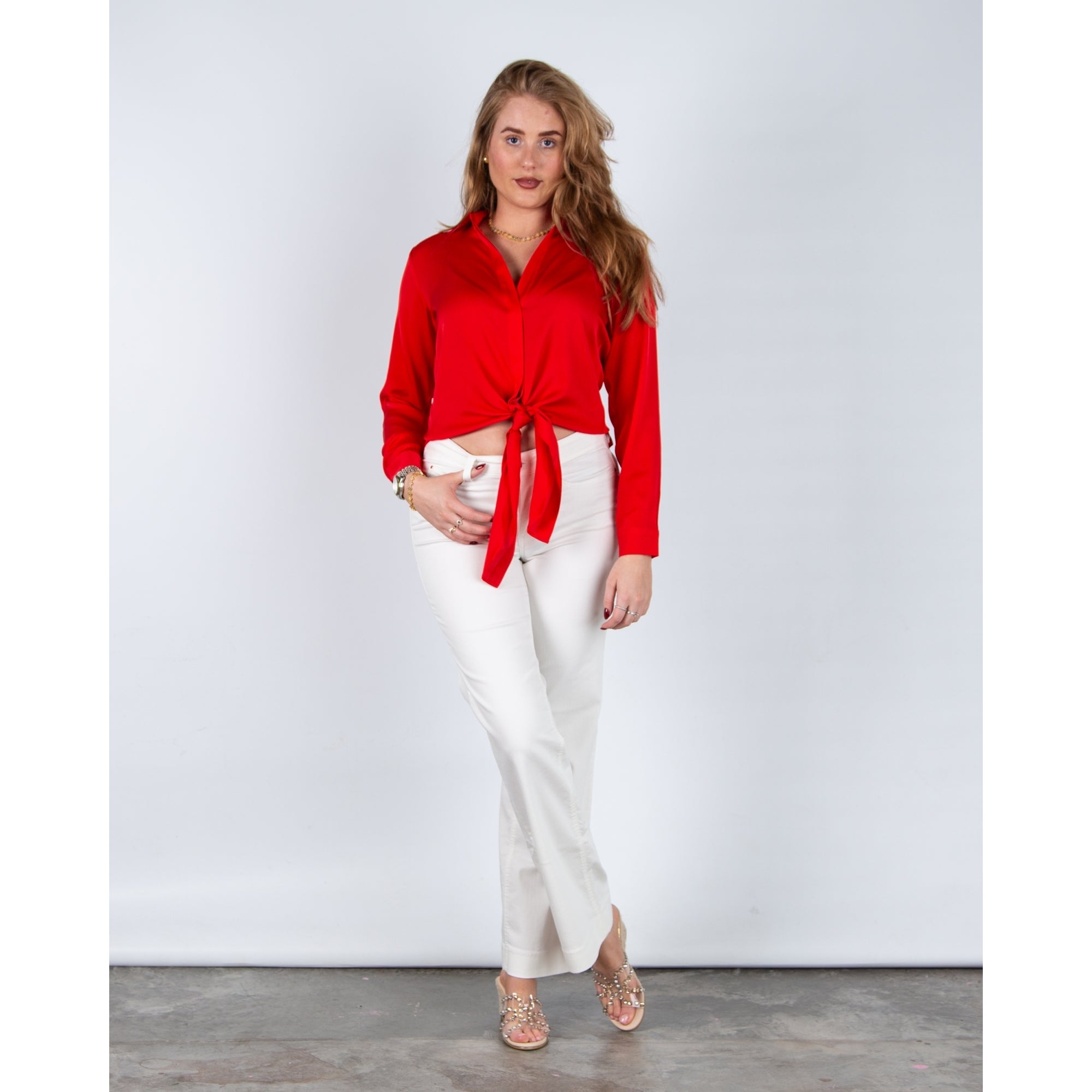 Silk95 Thai Silk Shirt Blouse With Tie Hem Scarlet