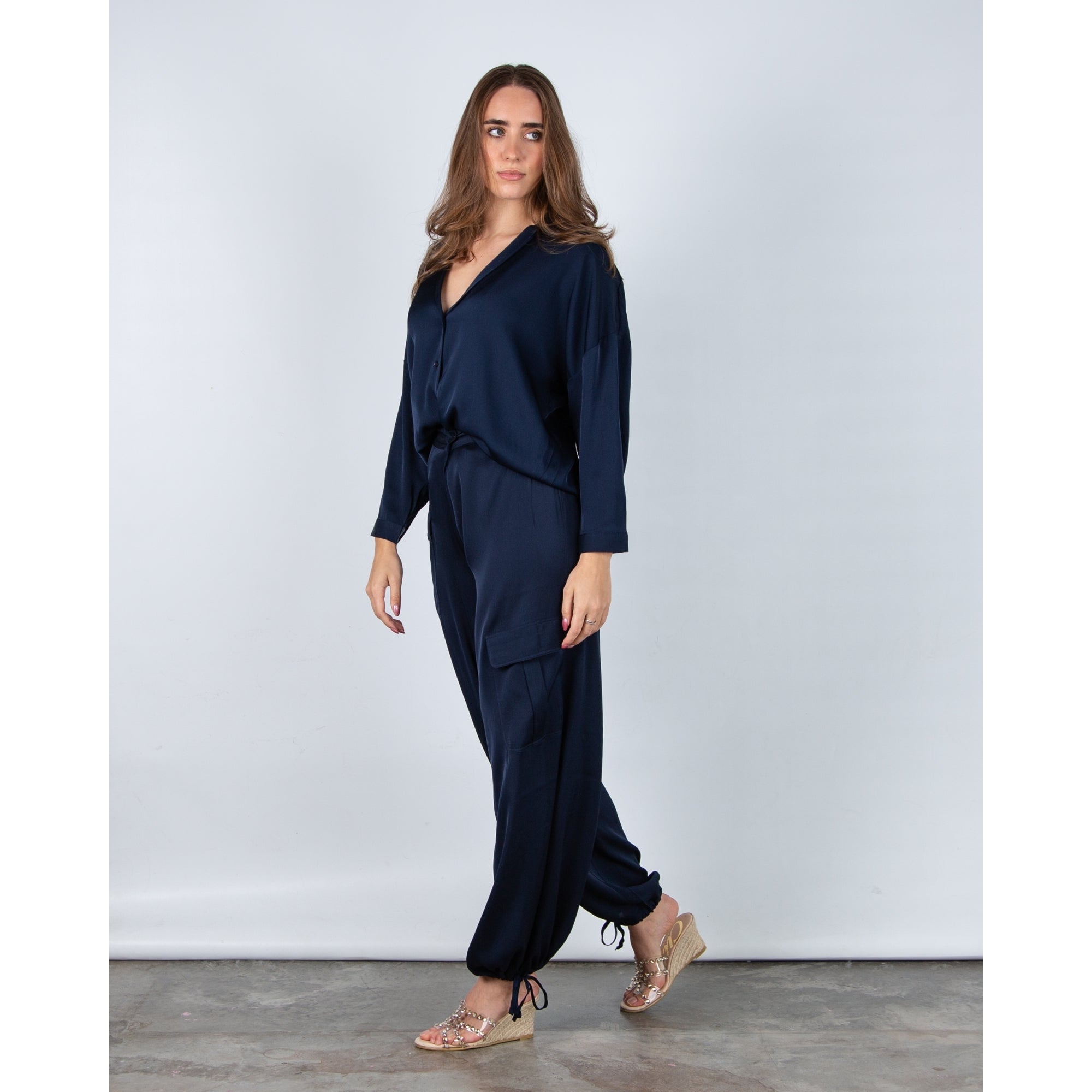 Silk95 Alaska Button Through V Neck Silk Shirt Navy