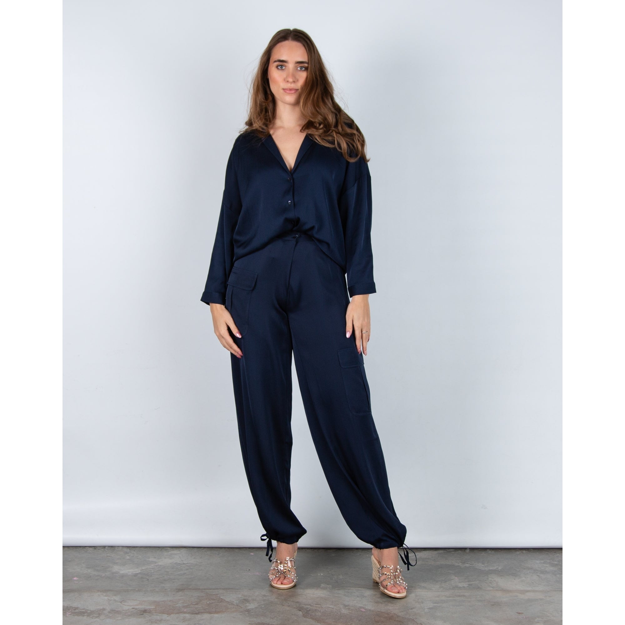 Silk95 Alaska Button Through V Neck Silk Shirt Navy