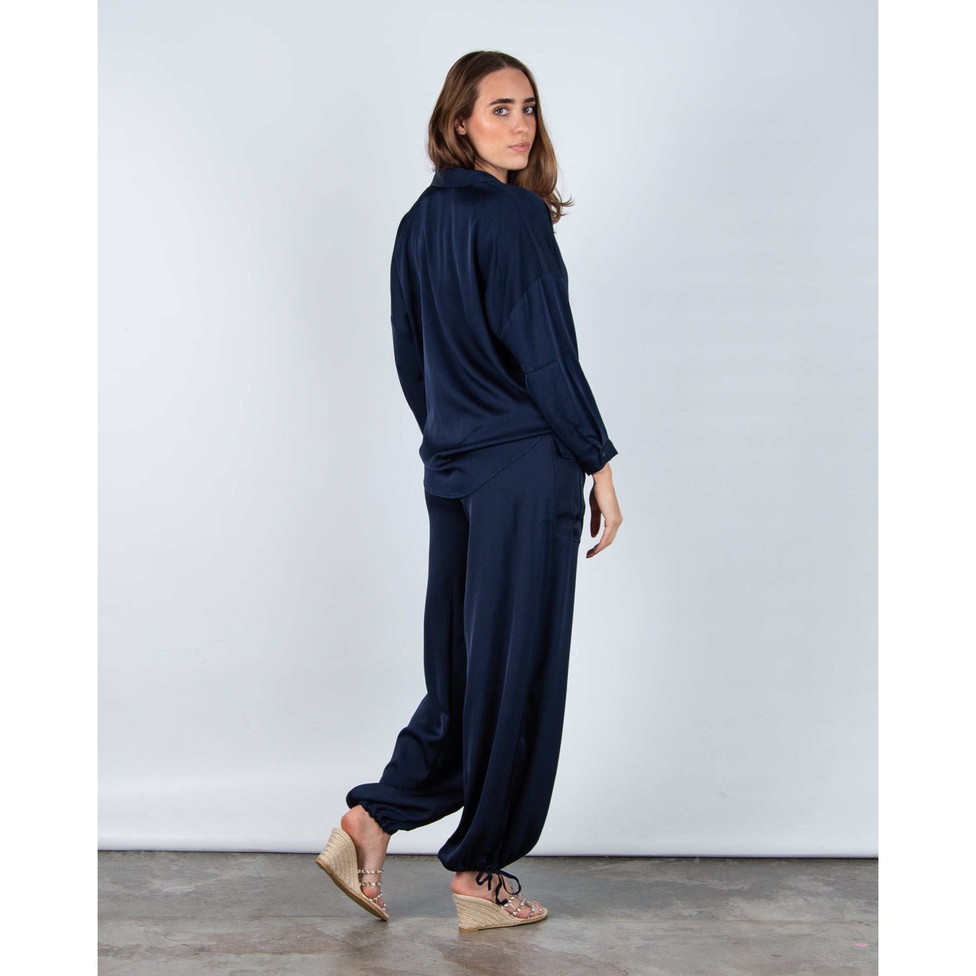 Silk95 Alaska Button Through V Neck Silk Shirt Navy