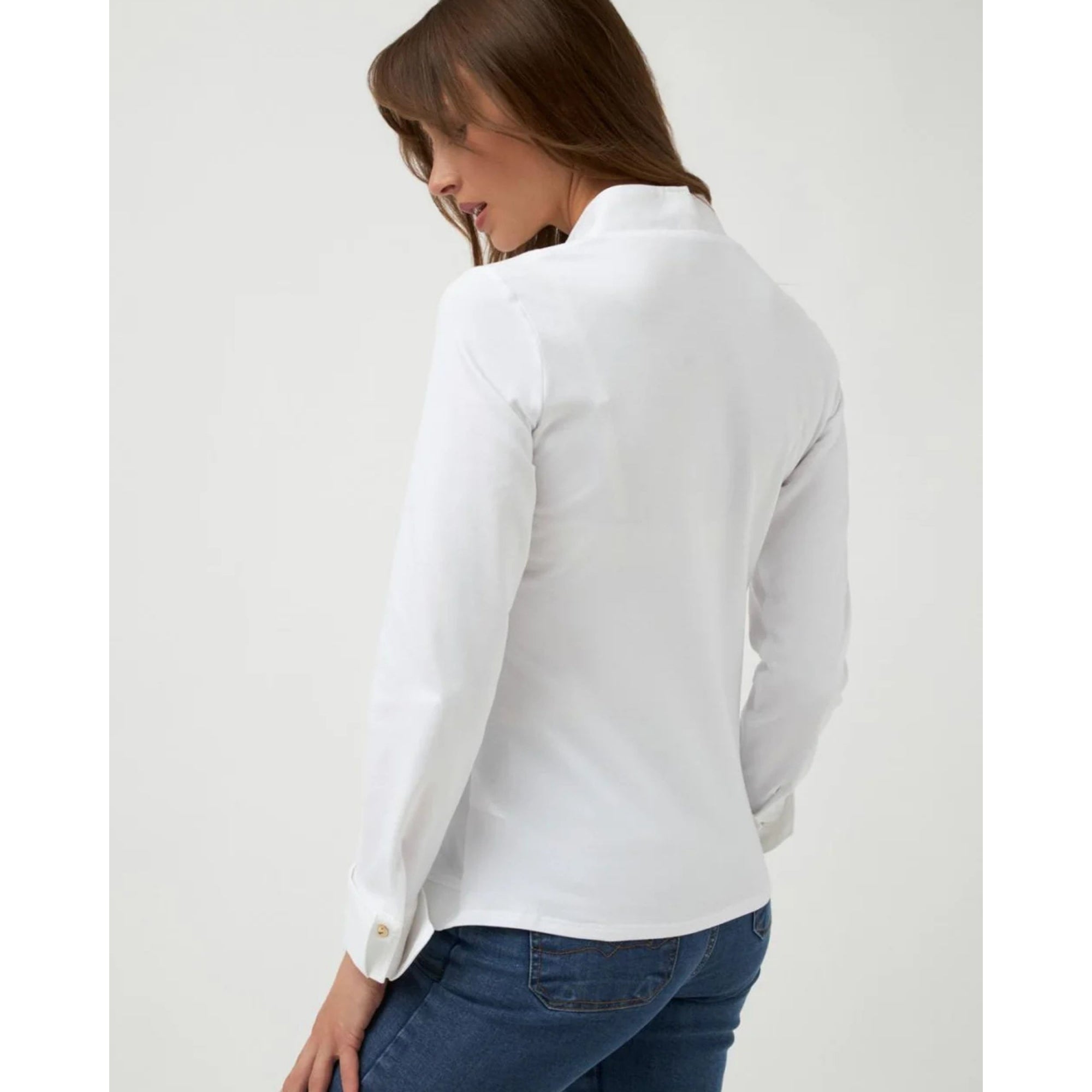 Bariloche Murada Zip Down V Neck Nehru Collar Fitted Stretch Shirt White