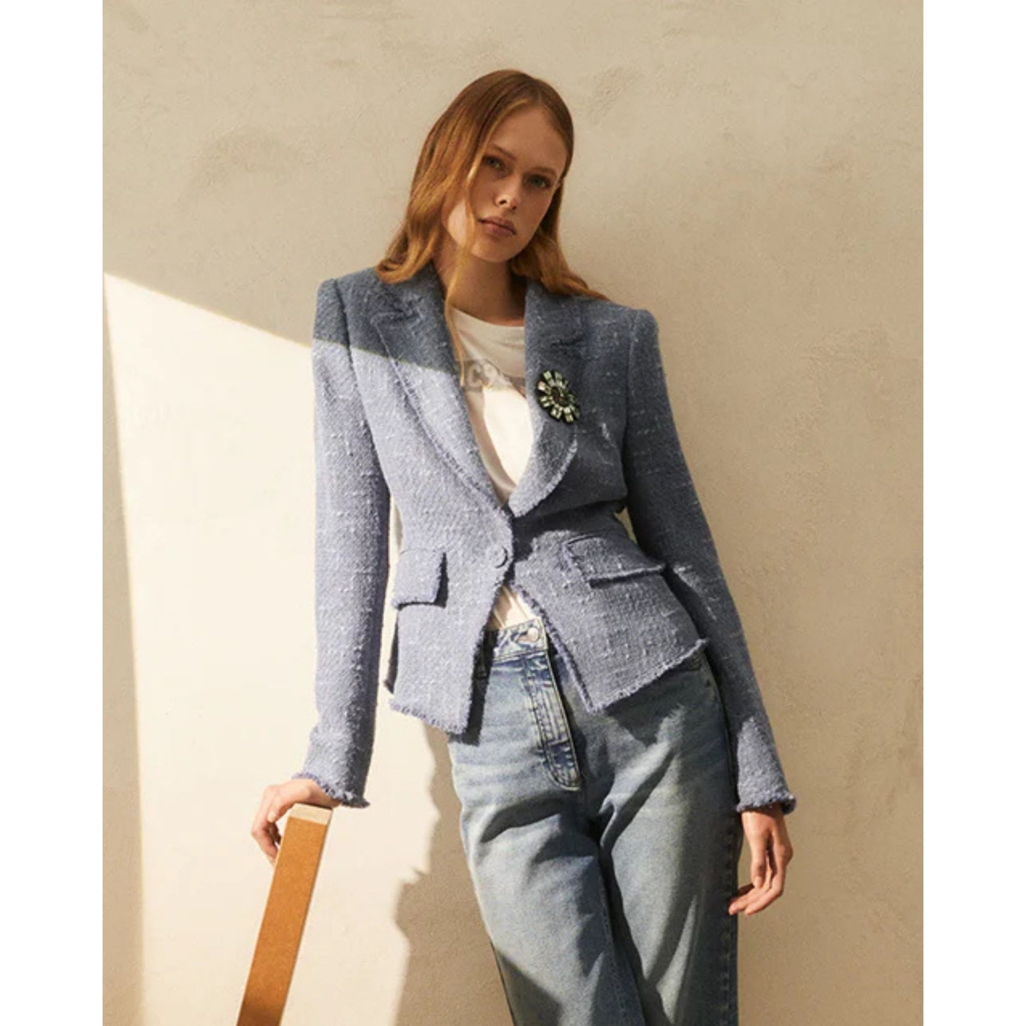 Luisa Cerano Tweed Frayed Edge One Button Blazer Denim