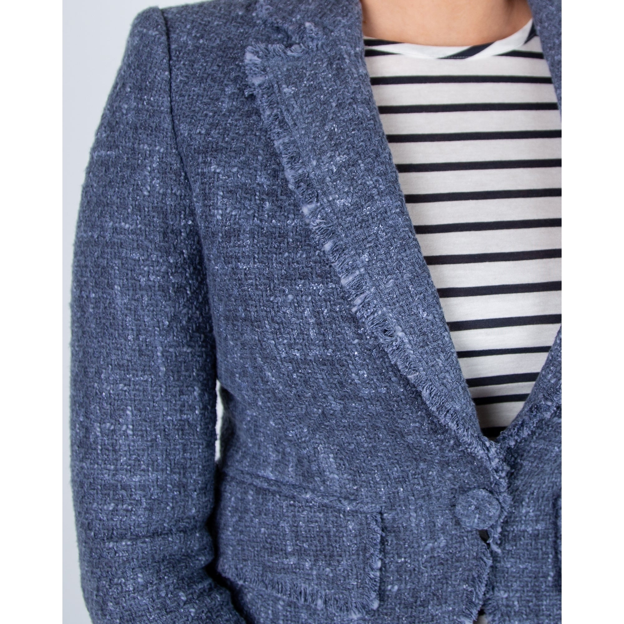 Luisa Cerano Tweed Frayed Edge One Button Blazer Denim