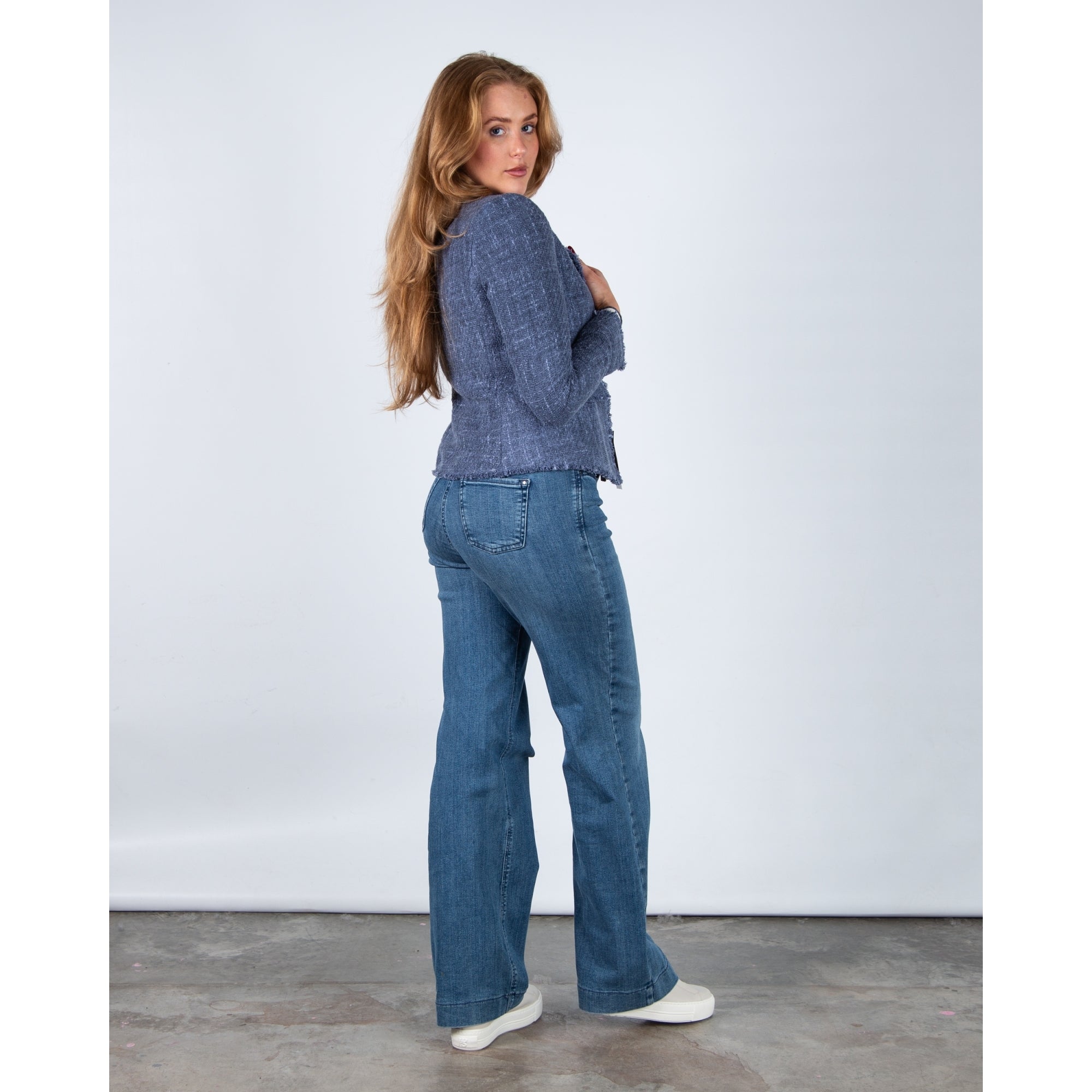 Luisa Cerano Tweed Frayed Edge One Button Blazer Denim