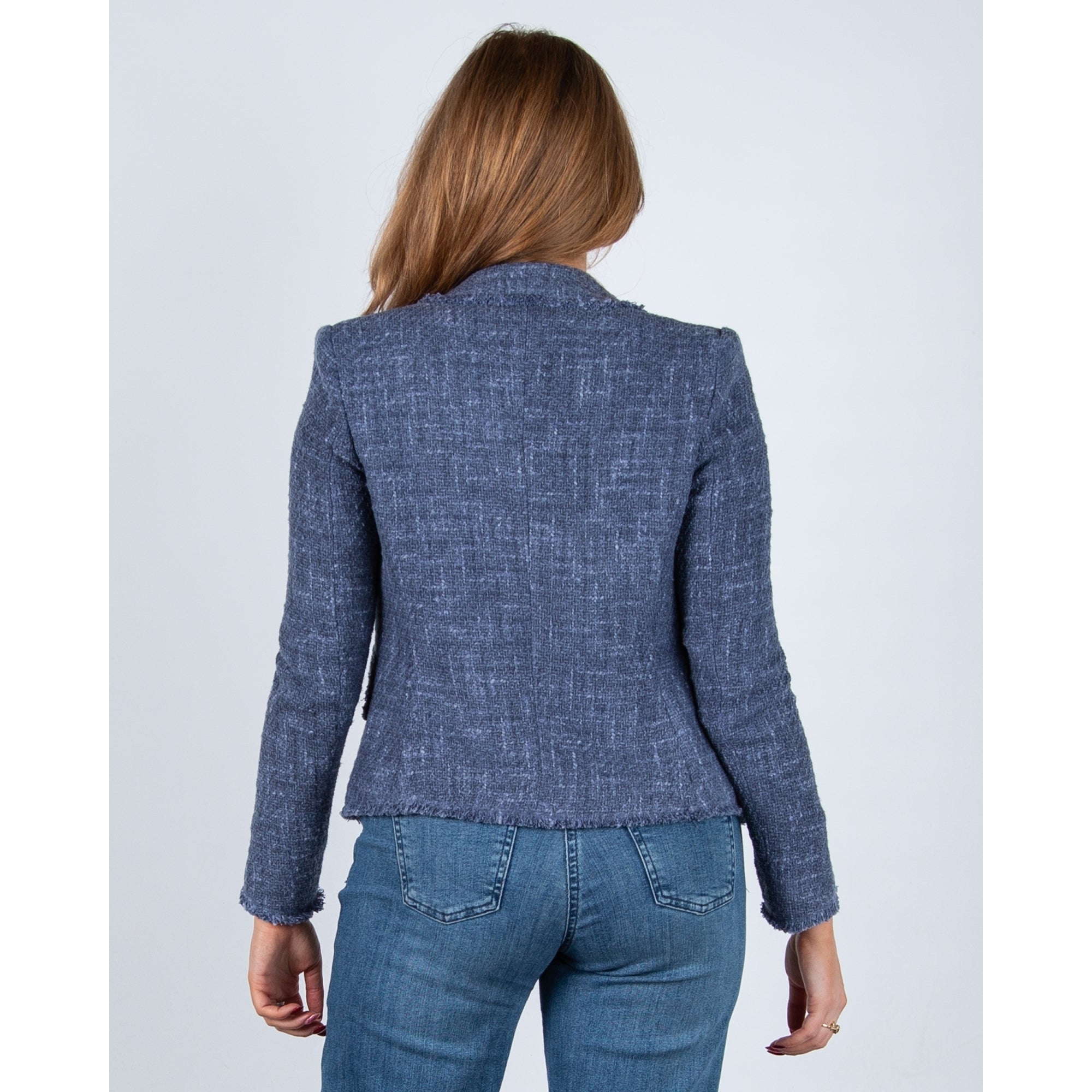 Luisa Cerano Tweed Frayed Edge One Button Blazer Denim