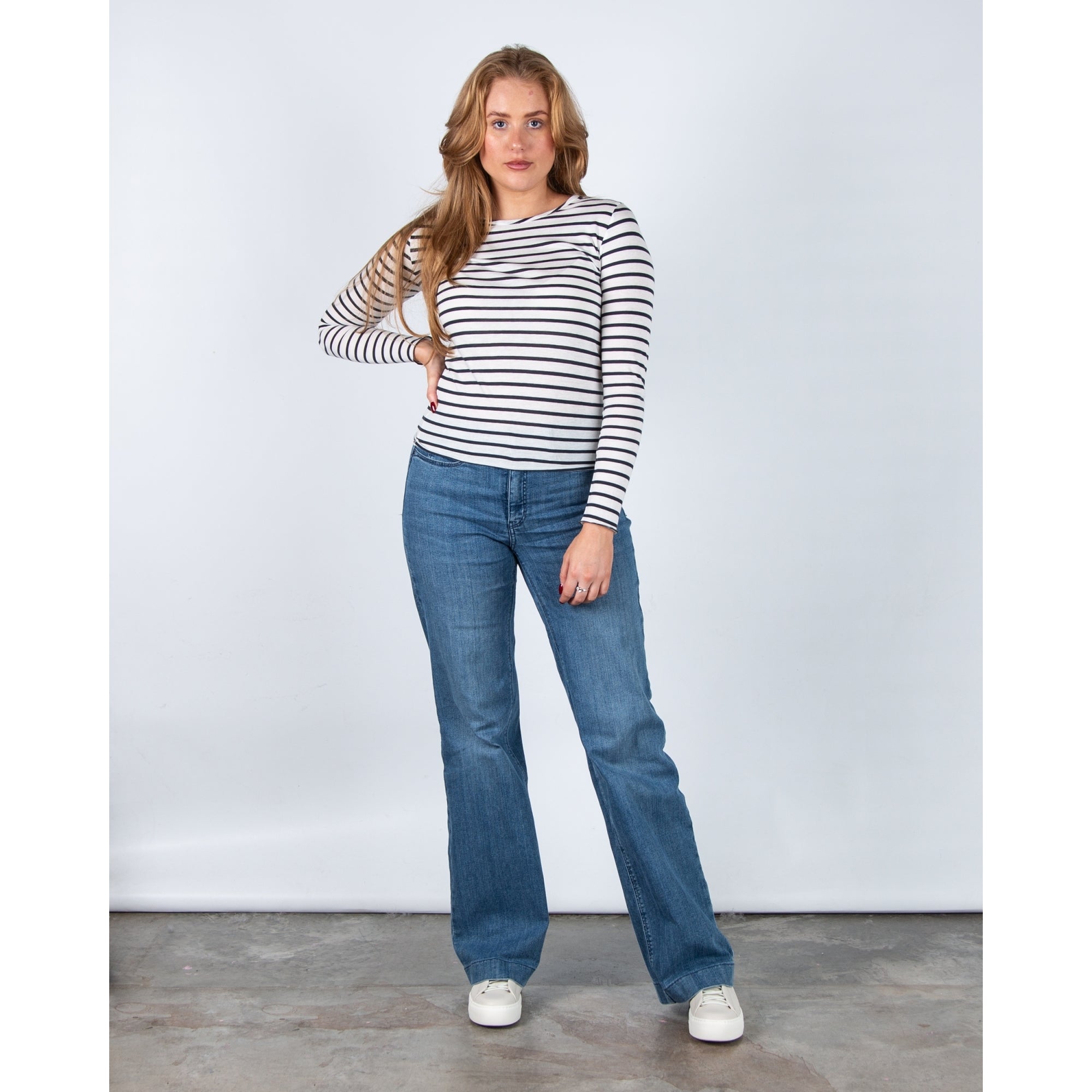 Luisa Cerano Fine Knit Crew Neck Stripe Long Sleeve T Shirt White/navy