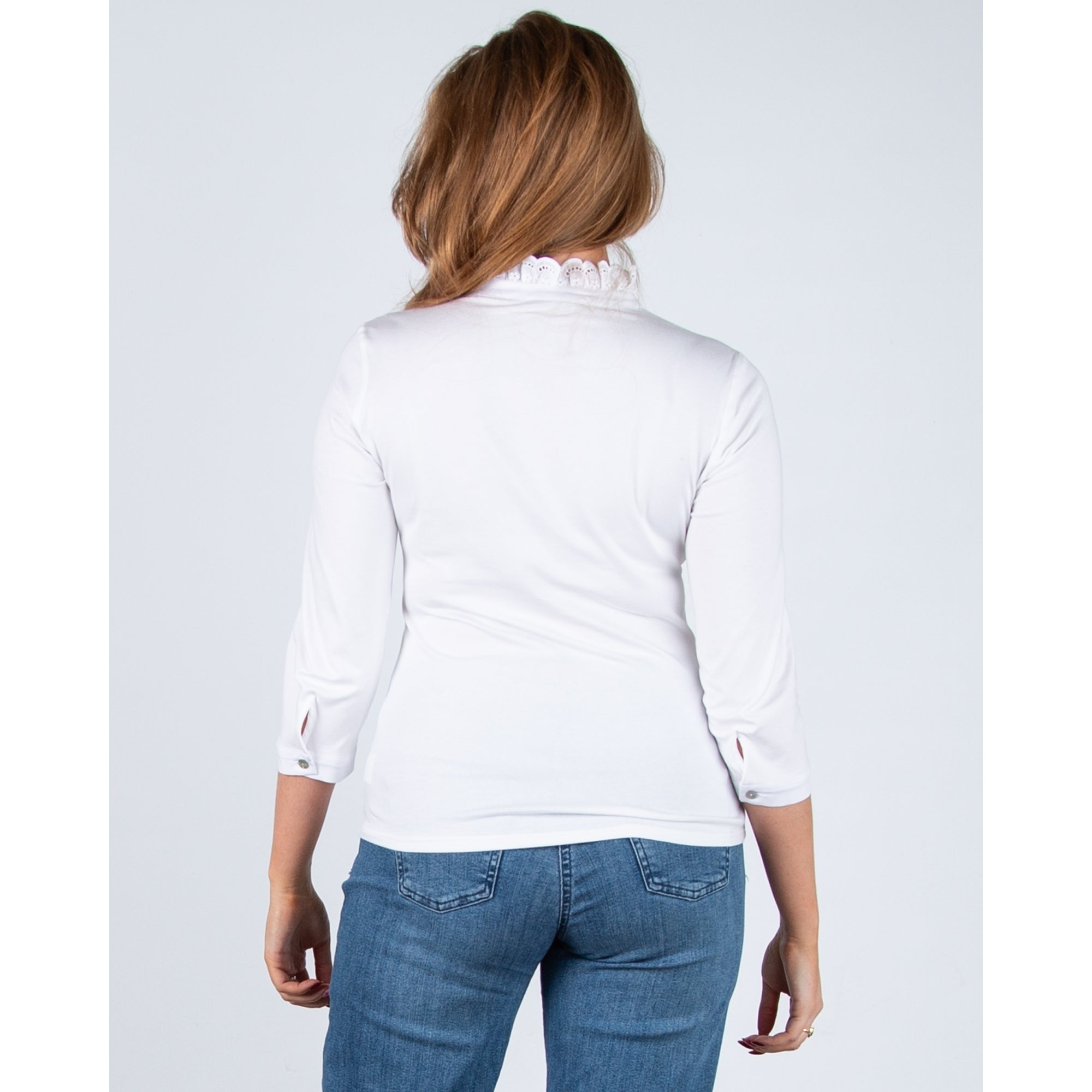Bariloche Olvera-2125 Stretch Cotton Shirt Embroidered Ruffle Neck White