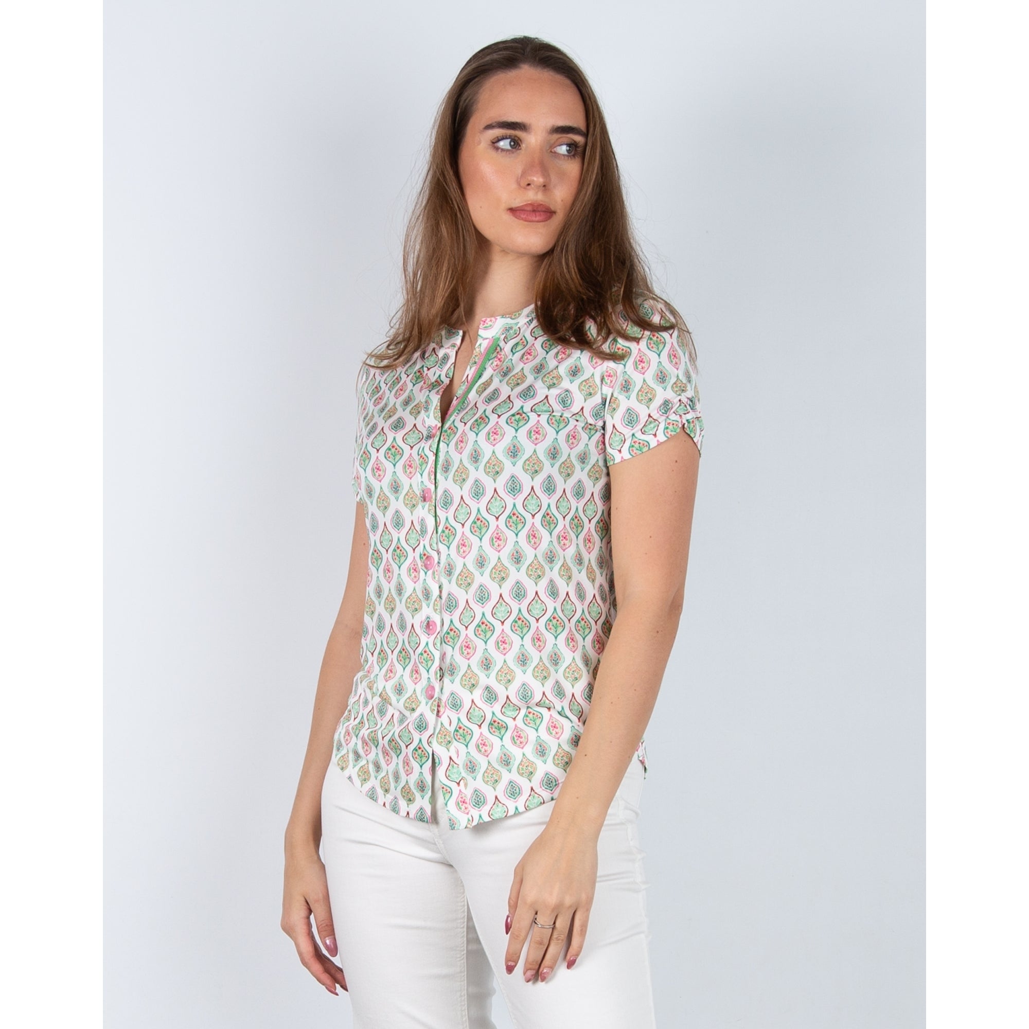 Tinta Style Leia Leaf Print Stretch Jersey Short Sleeve Top Green/white
