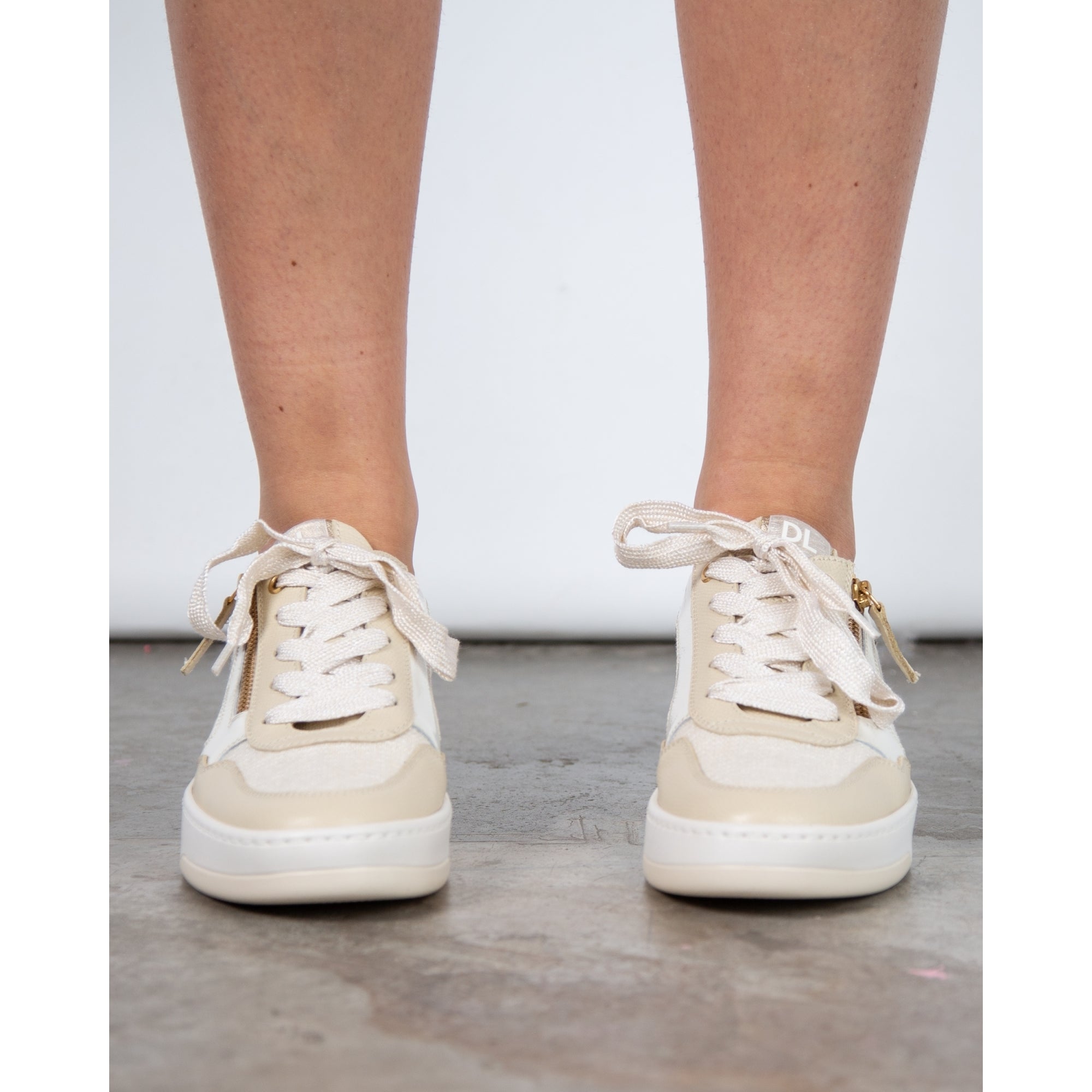 Dl Sport Leather And Woven Mix Trainers With Side Zip Beige/off White