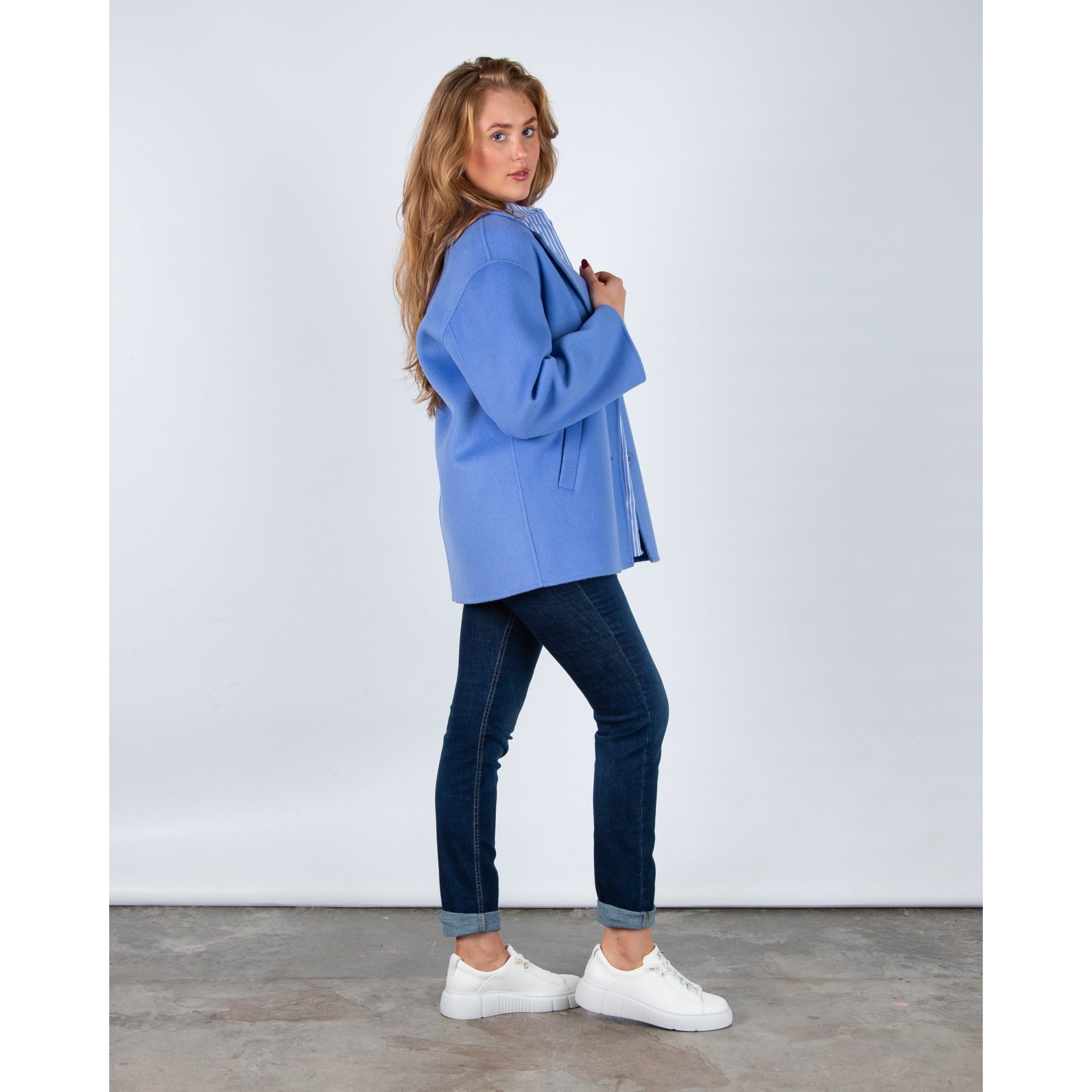 Milano Italy Short Wool Coat With Raised Piping Azure