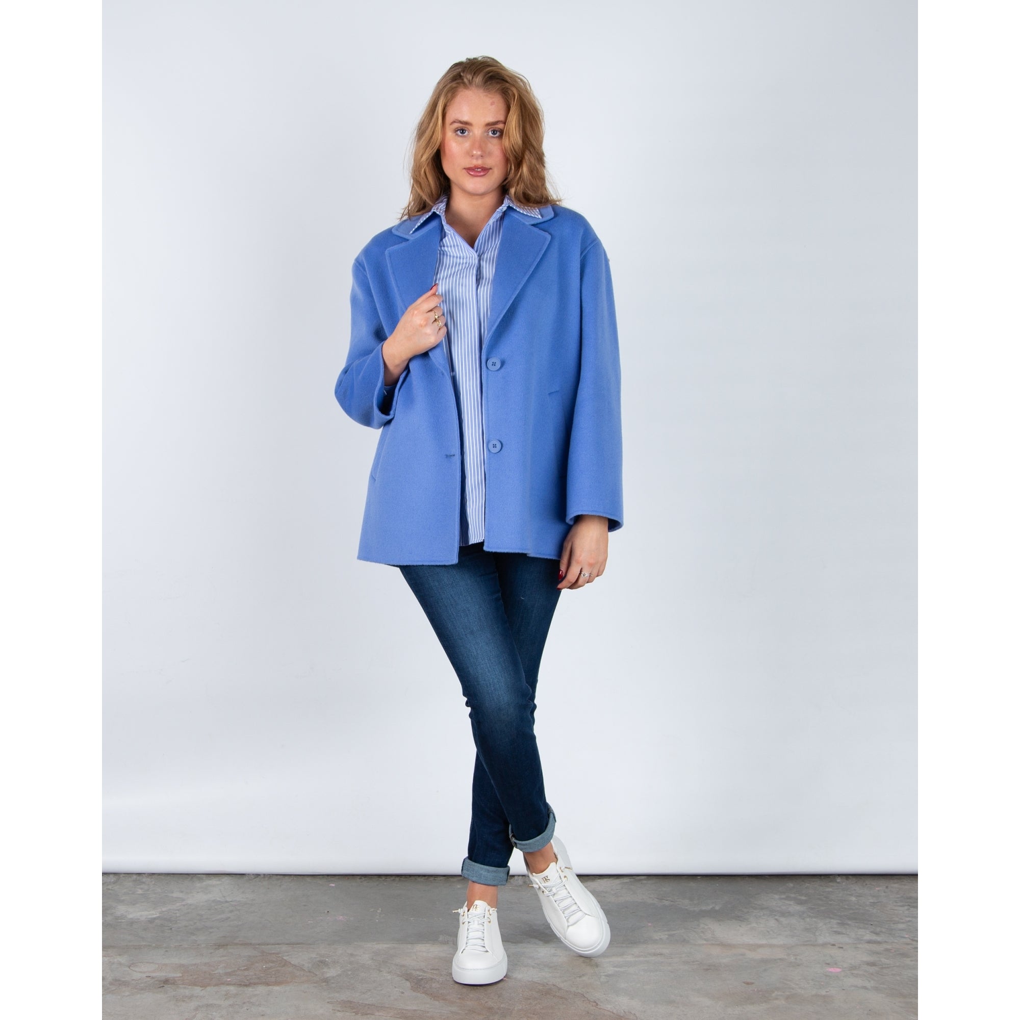 Milano Italy Short Wool Coat With Raised Piping Azure