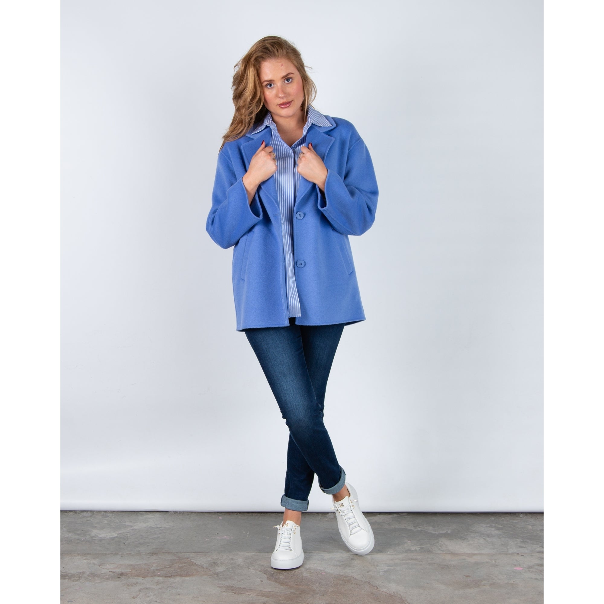 Milano Italy Short Wool Coat With Raised Piping Azure