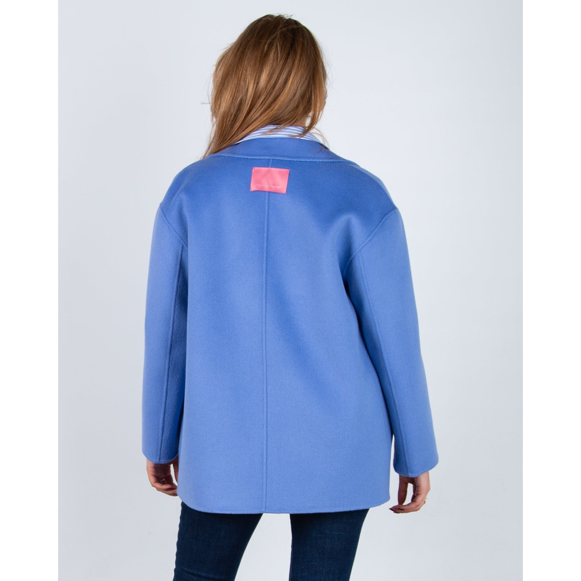 Milano Italy Short Wool Coat With Raised Piping Azure