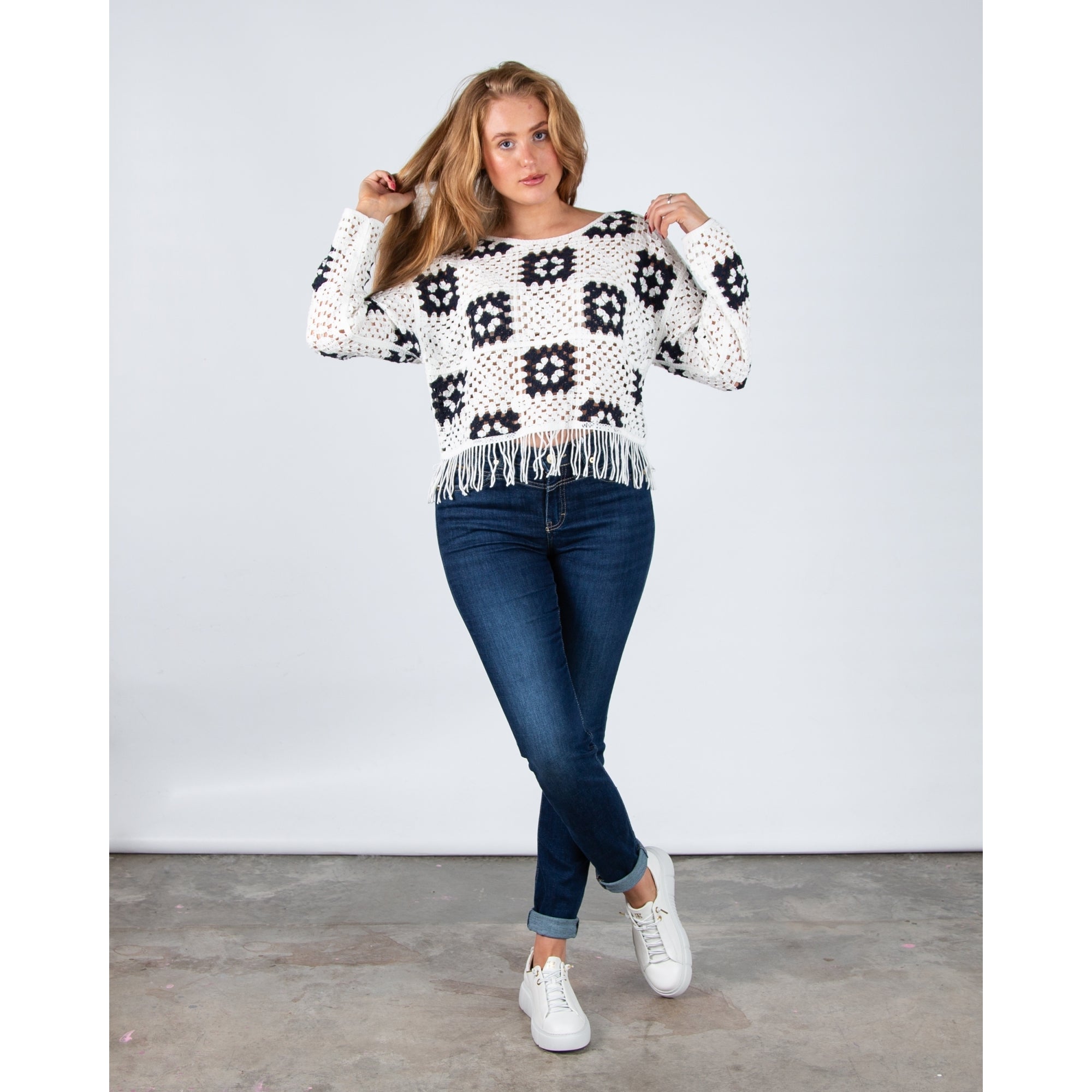 Oui Tassel Hem Crochet Knit Jumper White/navy