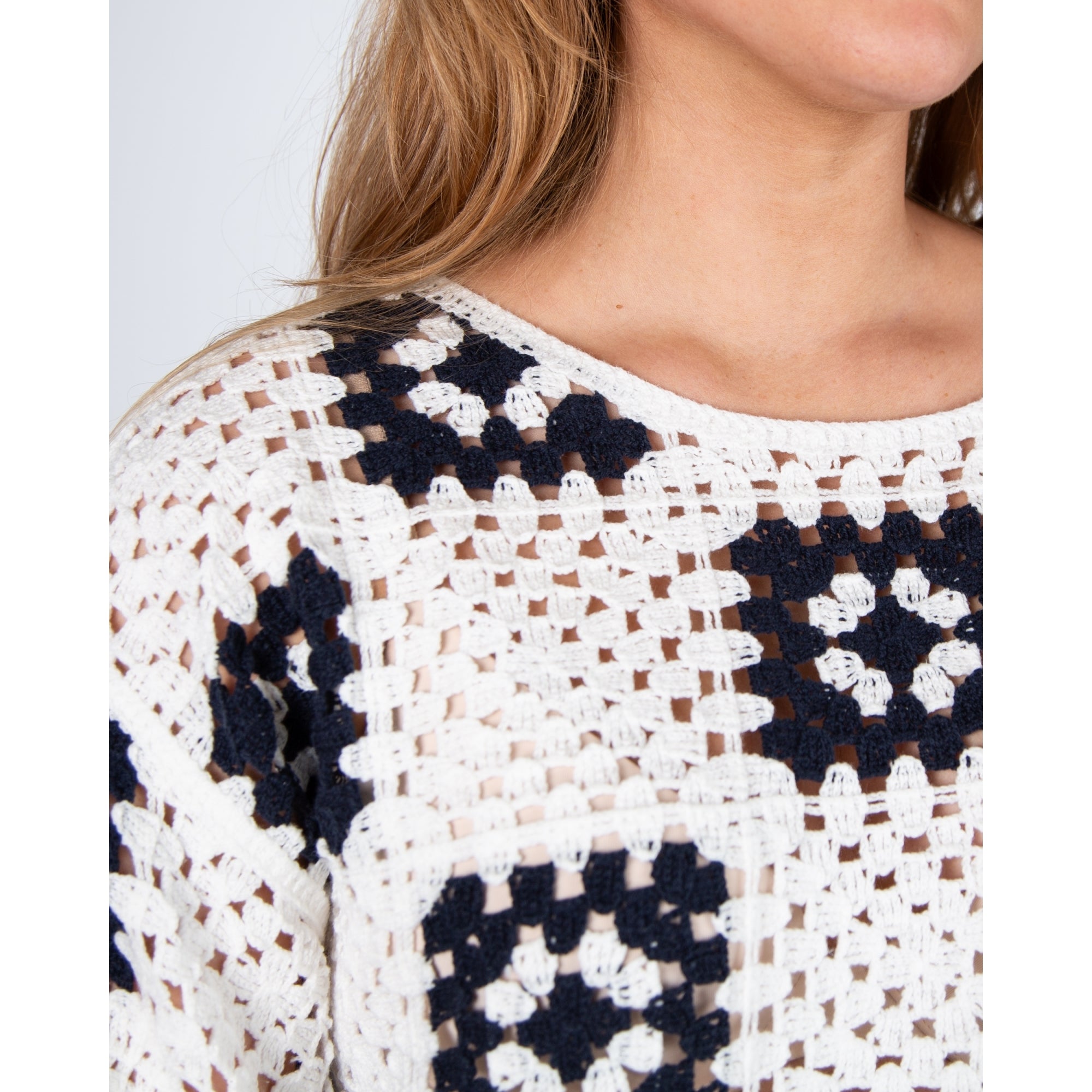 Oui Tassel Hem Crochet Knit Jumper White/navy