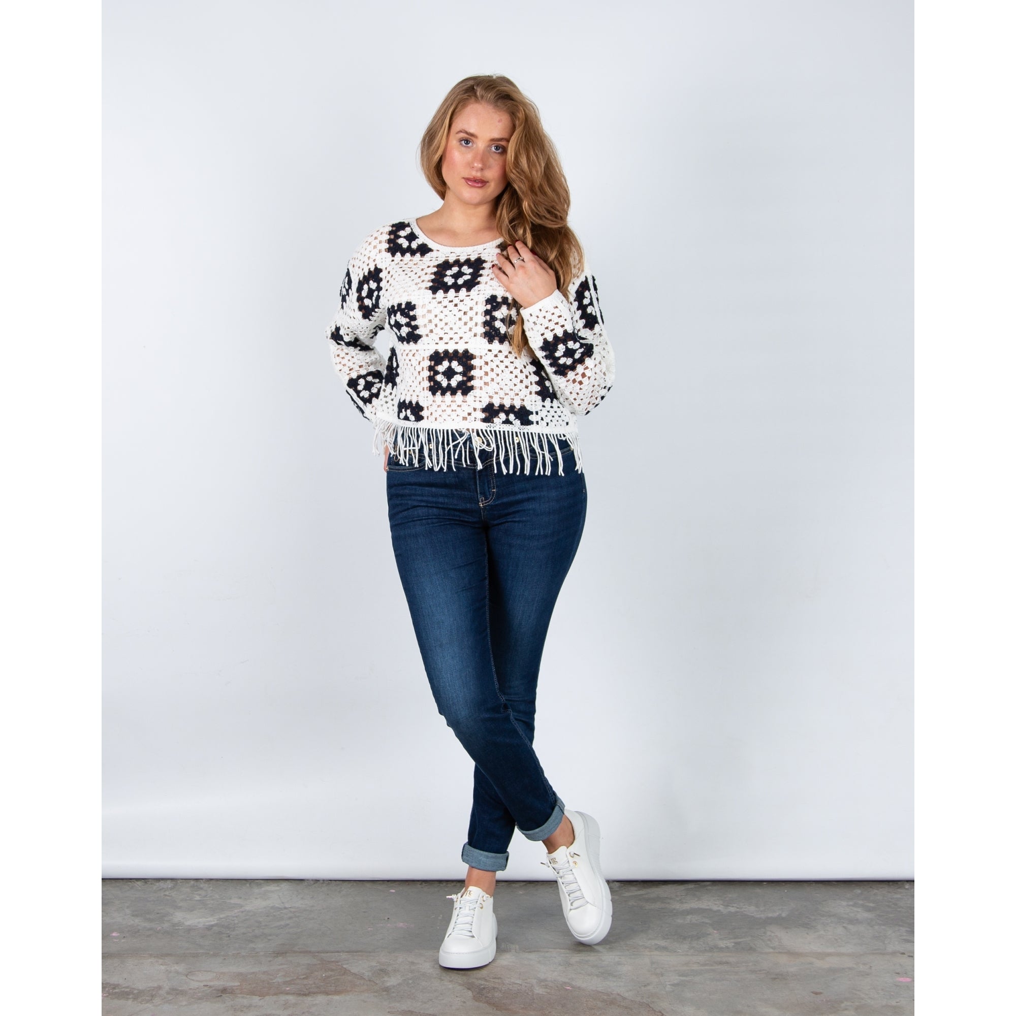 Oui Tassel Hem Crochet Knit Jumper White/navy