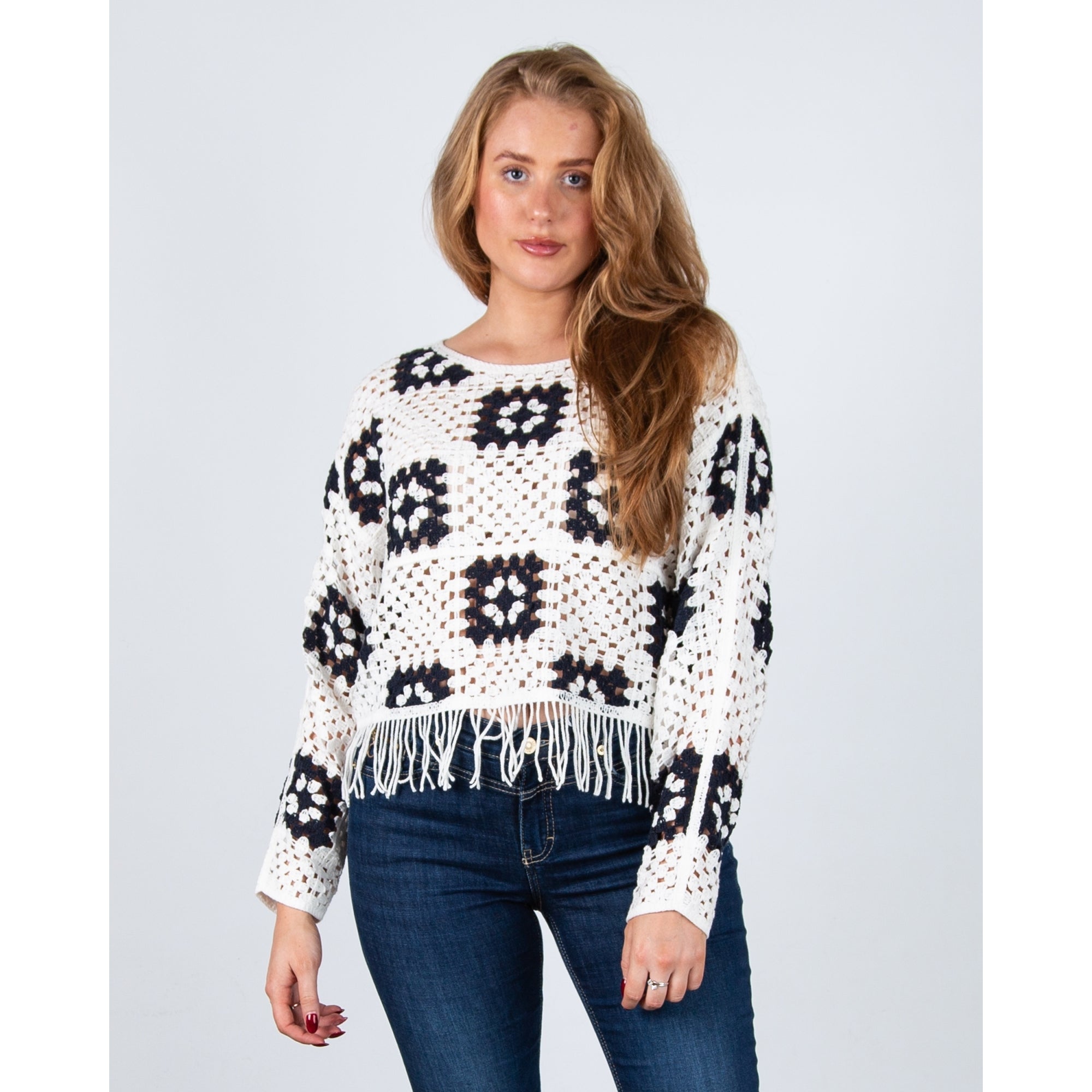 Oui Tassel Hem Crochet Knit Jumper White/navy