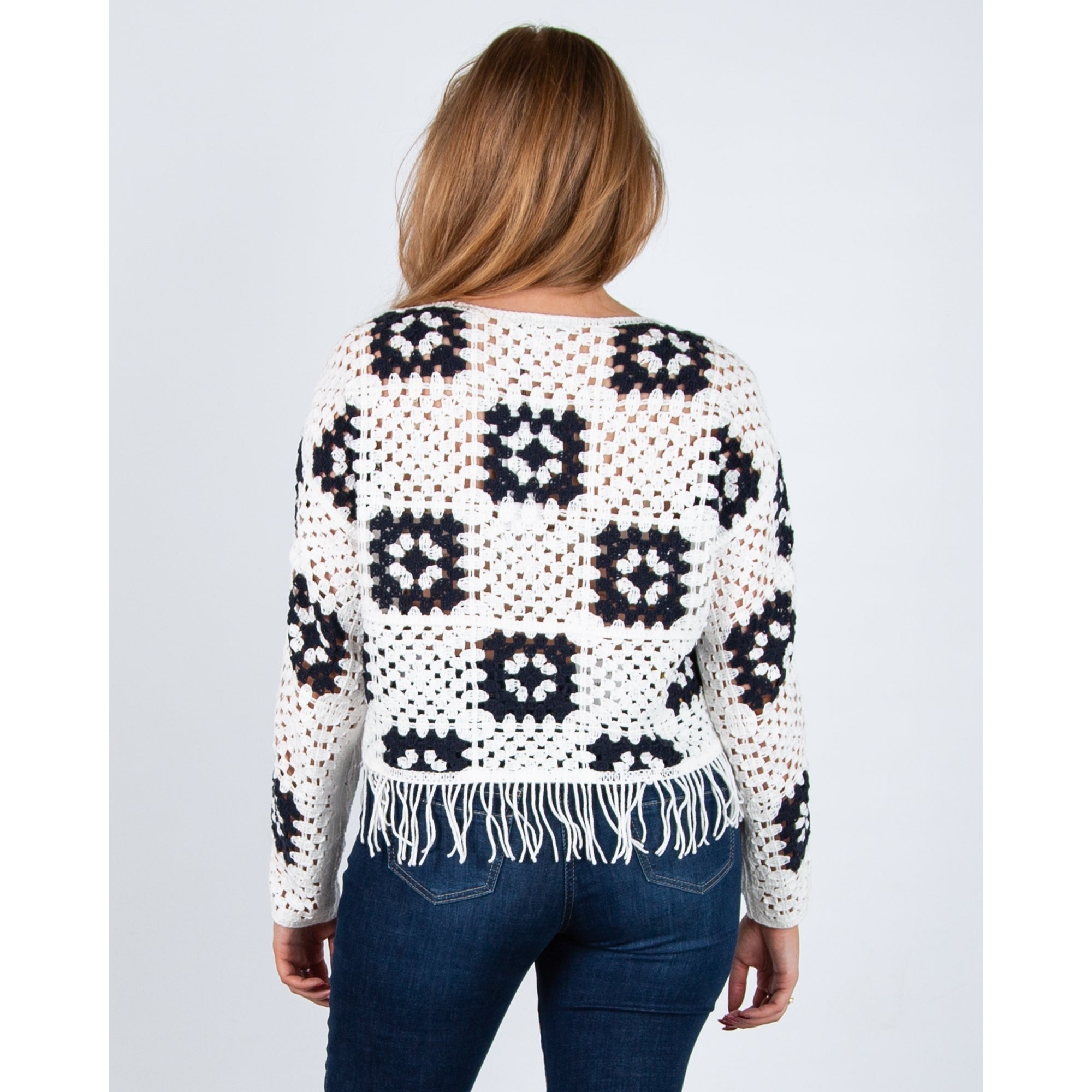Oui Tassel Hem Crochet Knit Jumper White/navy