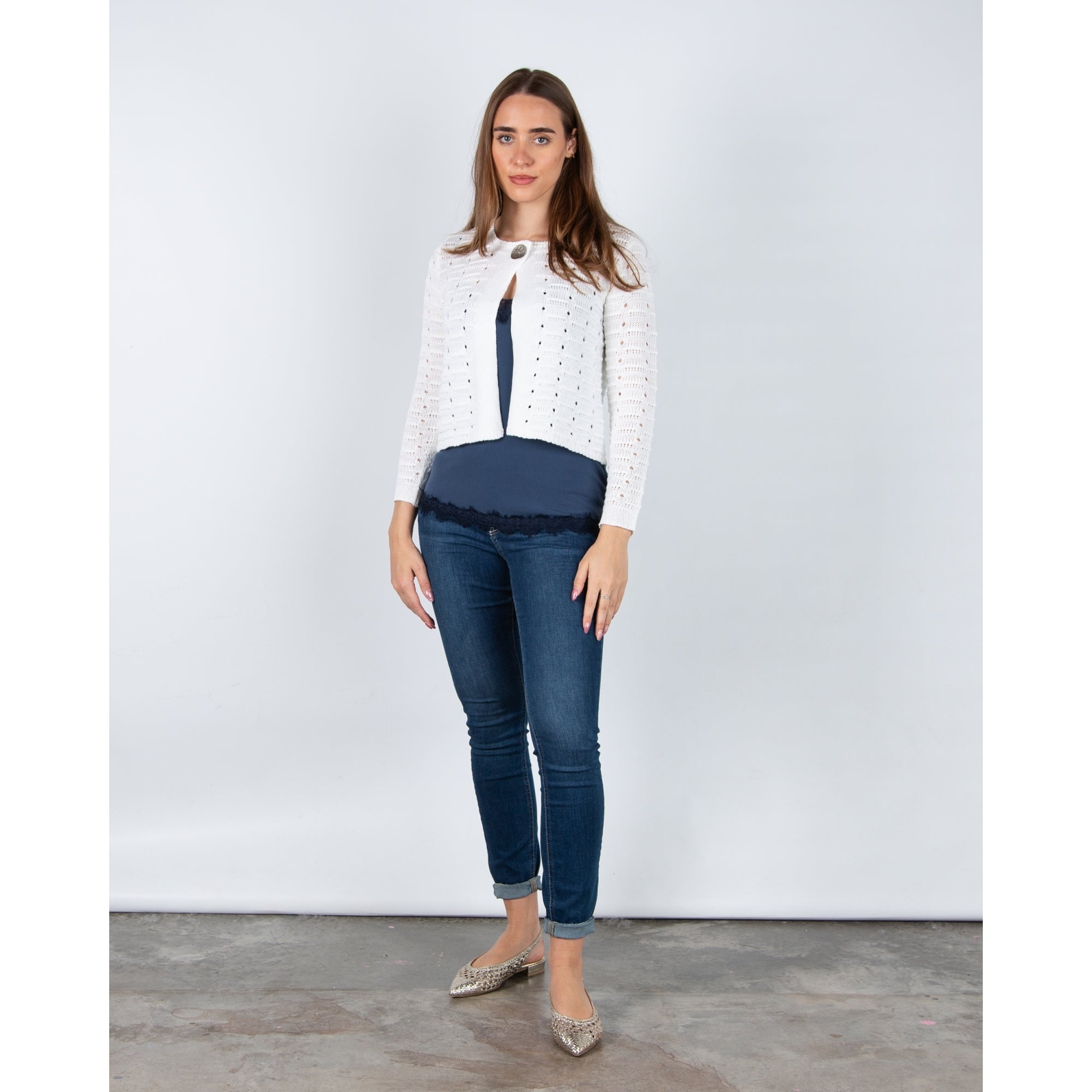 Marble Fashions One Button Knit Cardigan White 102