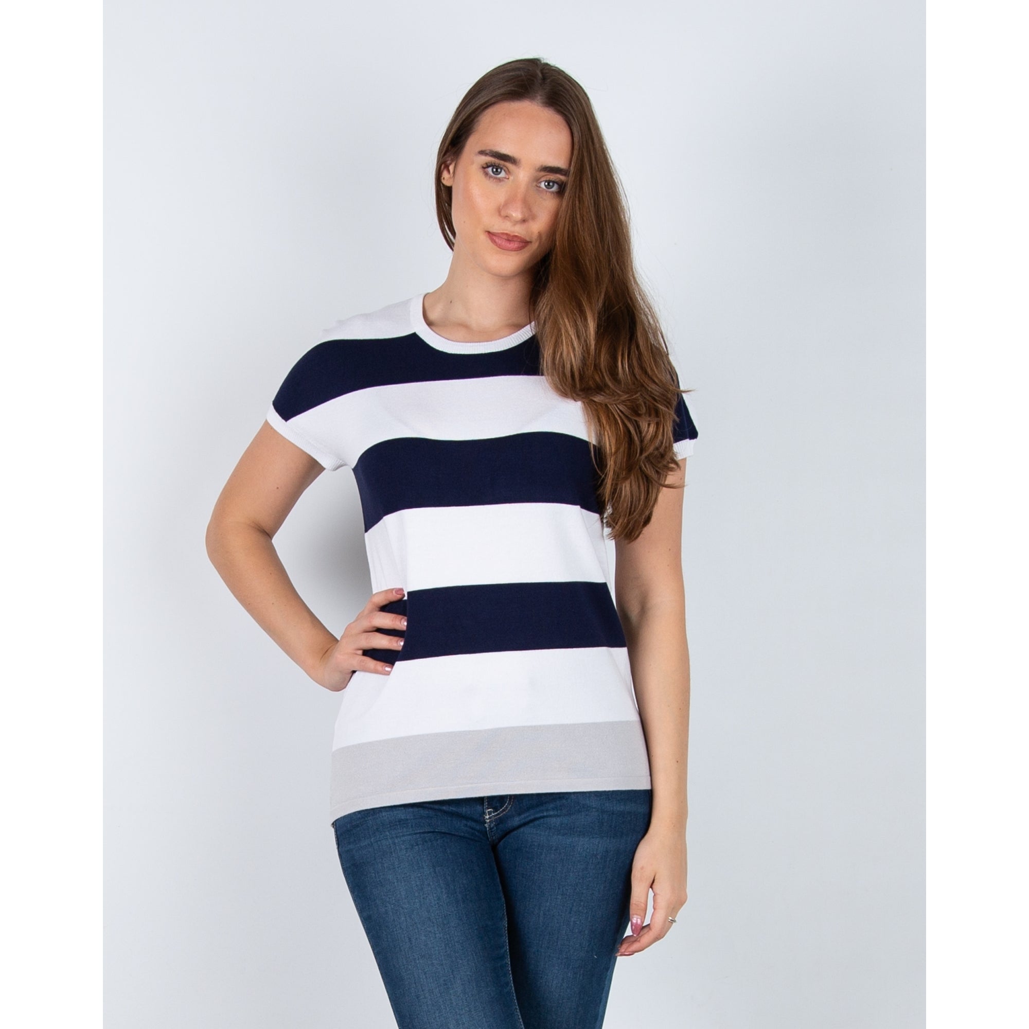 Marble Fashions Round Neck Wide Stripe Short Sleeve Jumper Navy/Grey/White 103
