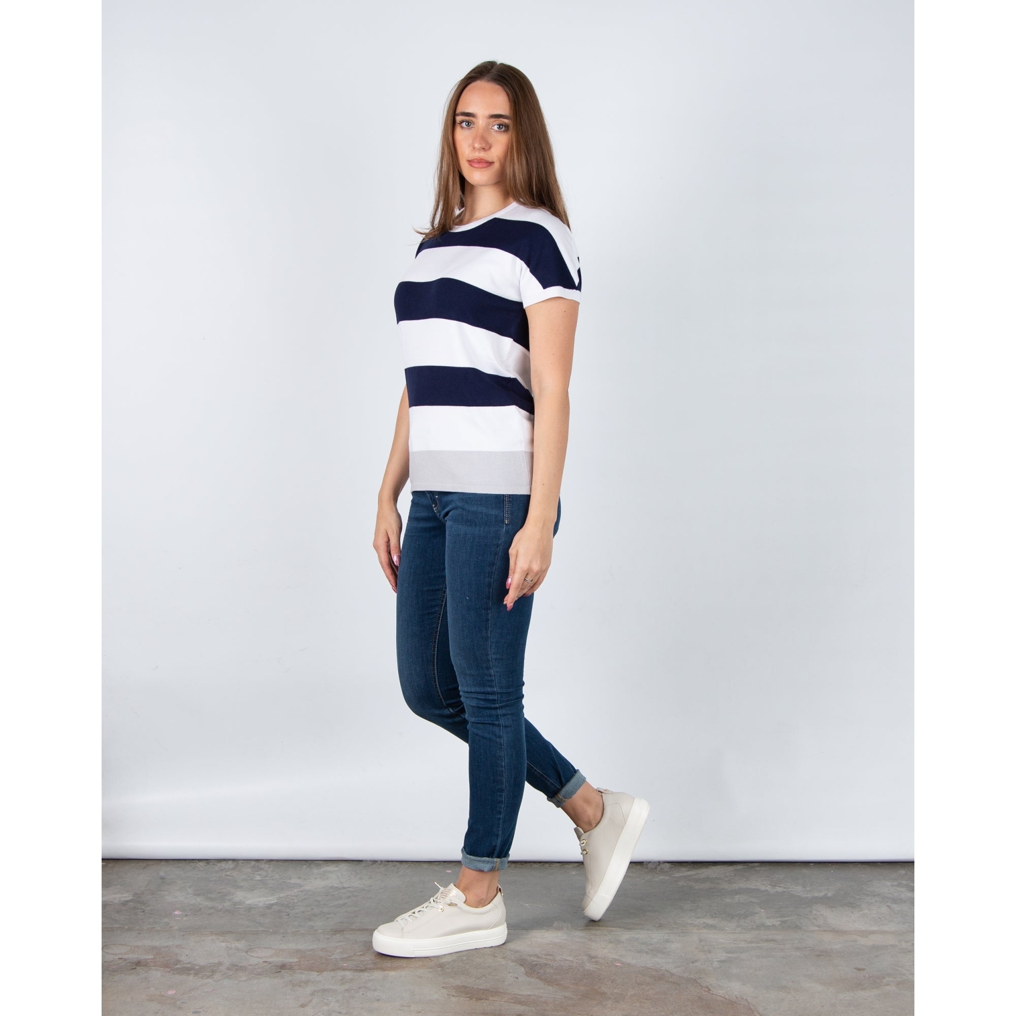 Marble Fashions Round Neck Wide Stripe Short Sleeve Jumper Navy/Grey/White 103