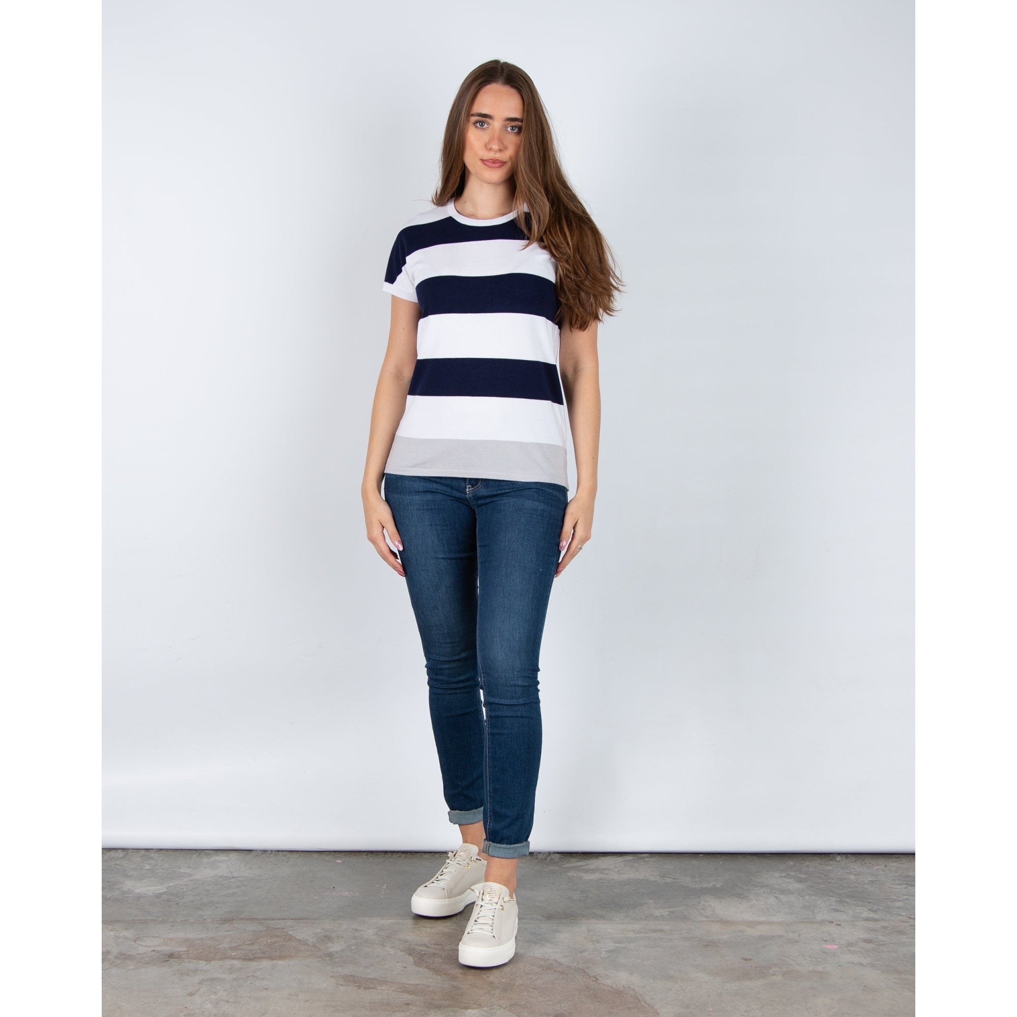 Marble Fashions Round Neck Wide Stripe Short Sleeve Jumper Navy/Grey/White 103