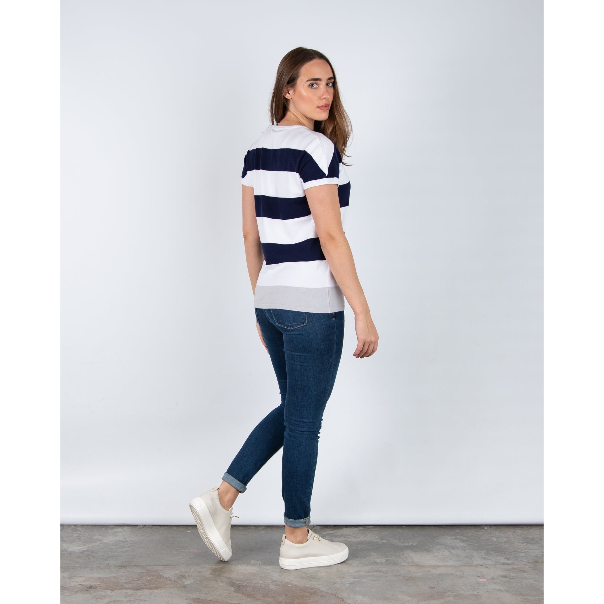 Marble Fashions Round Neck Wide Stripe Short Sleeve Jumper Navy/Grey/White 103