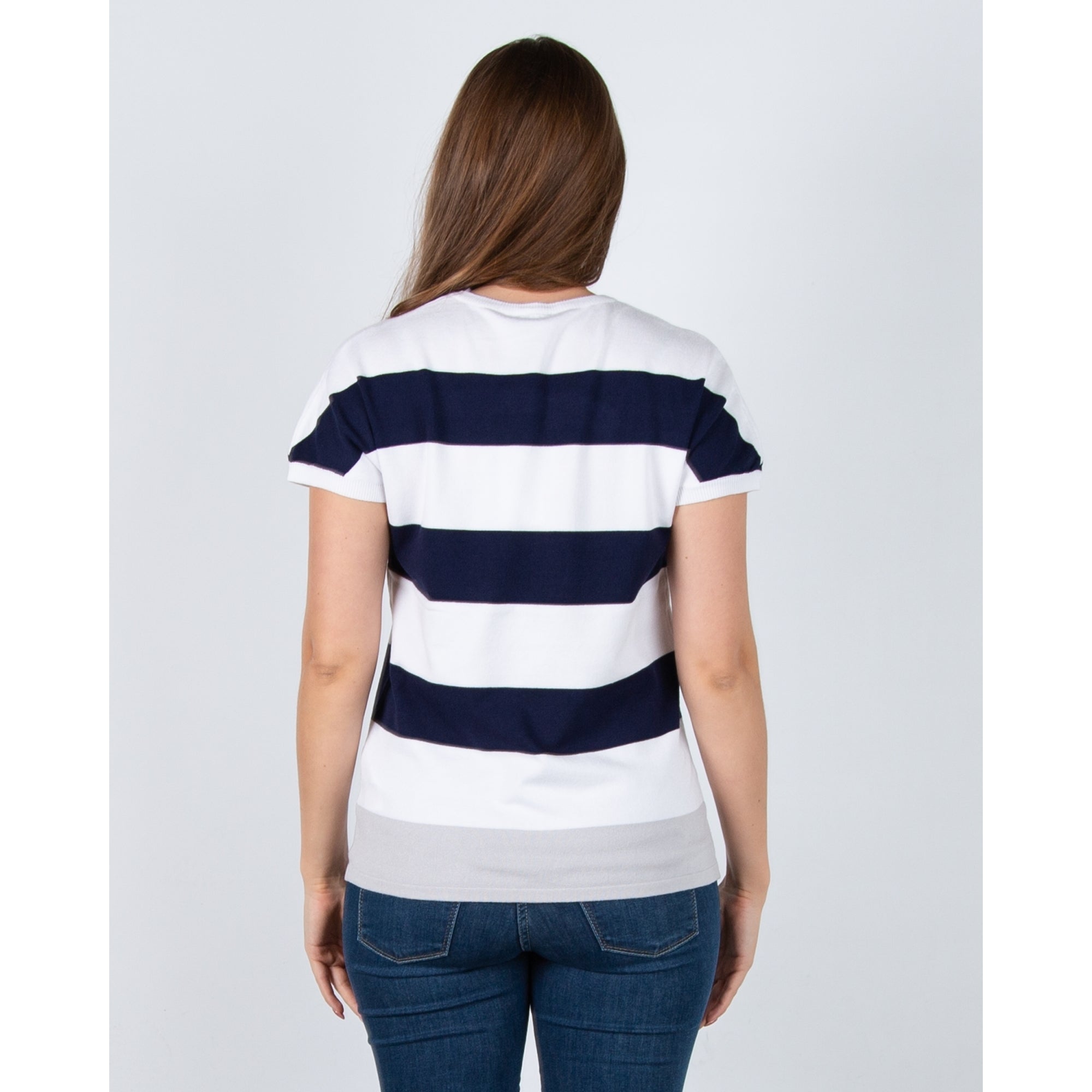 Marble Fashions Round Neck Wide Stripe Short Sleeve Jumper Navy/Grey/White 103