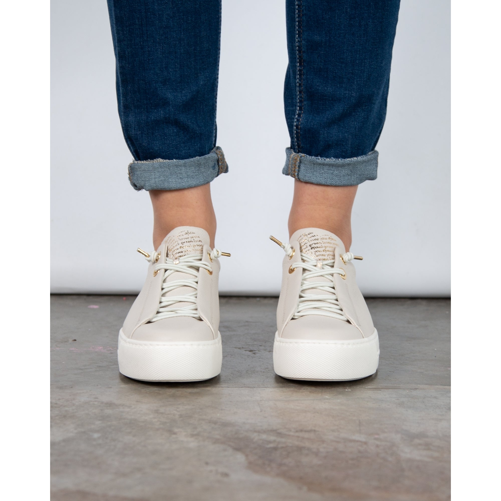 Paul Green Calligraphy Detail Pull On Grained Leather Sneaker Ivory/gold