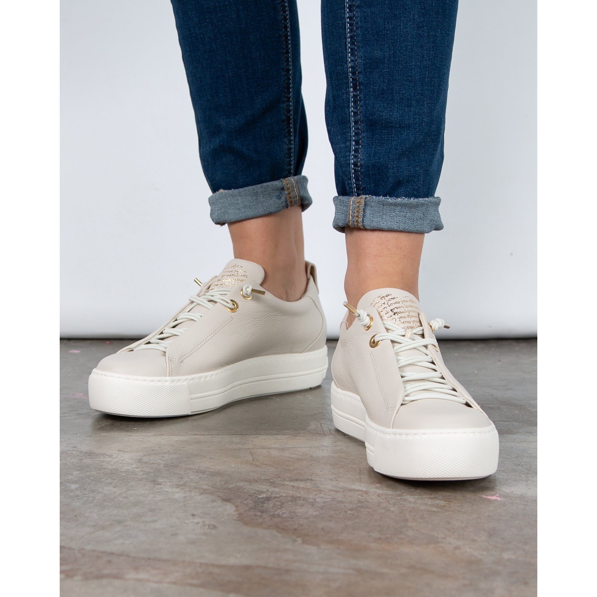 Paul Green Calligraphy Detail Pull On Grained Leather Sneaker Ivory/gold