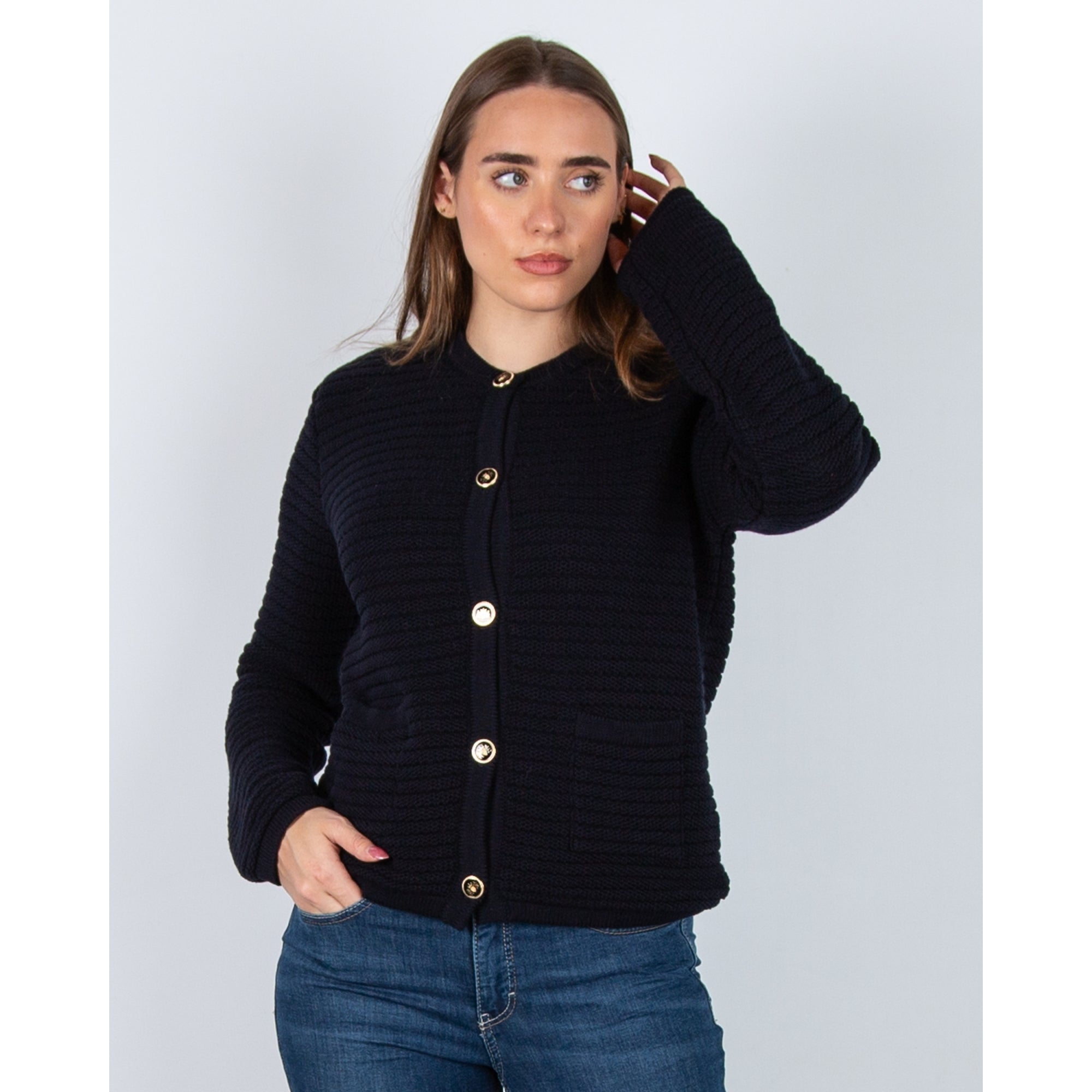Milano Italy Oversized Ribbed Knit Jacket With Gold Buttons Dark Navy