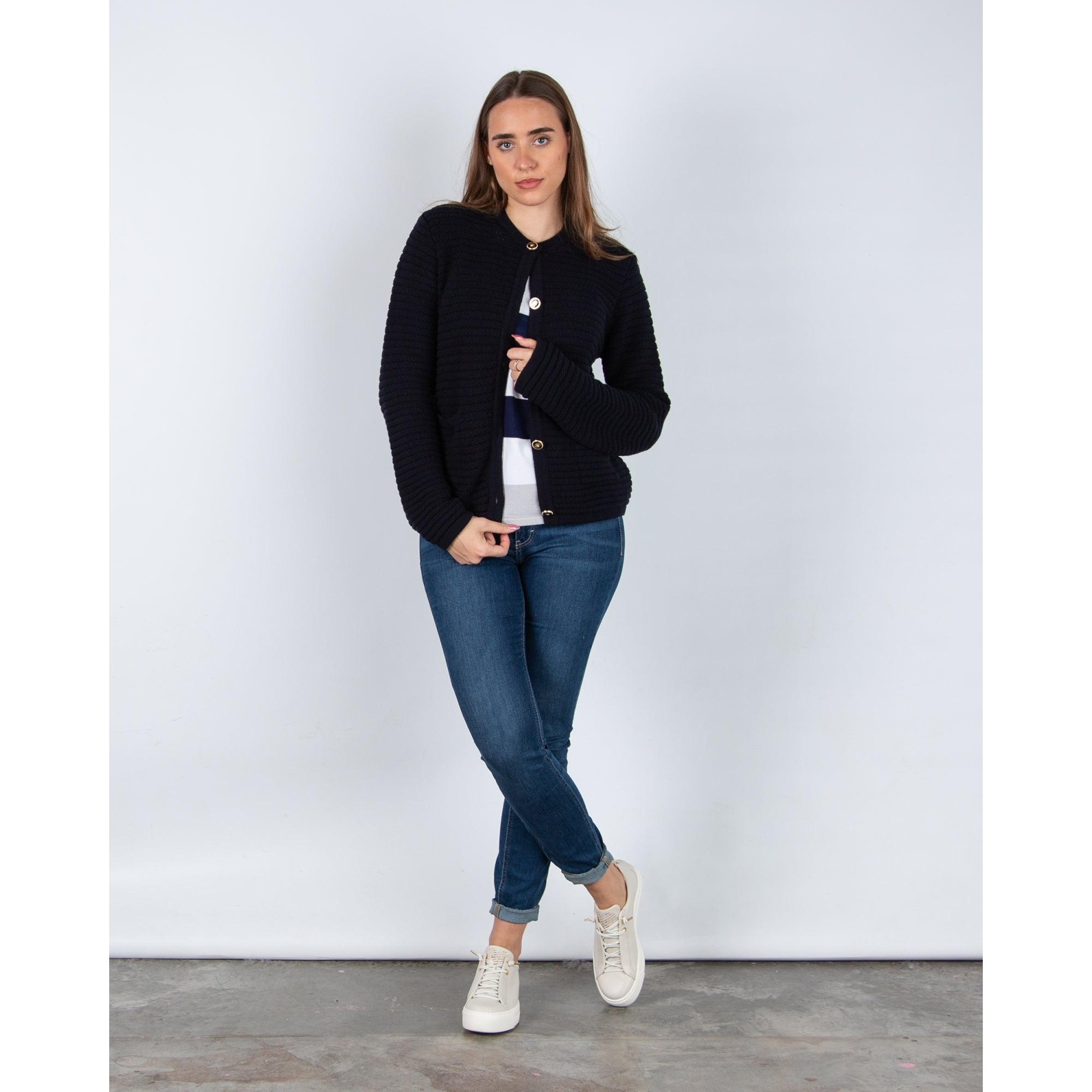 Milano Italy Oversized Ribbed Knit Jacket With Gold Buttons Dark Navy