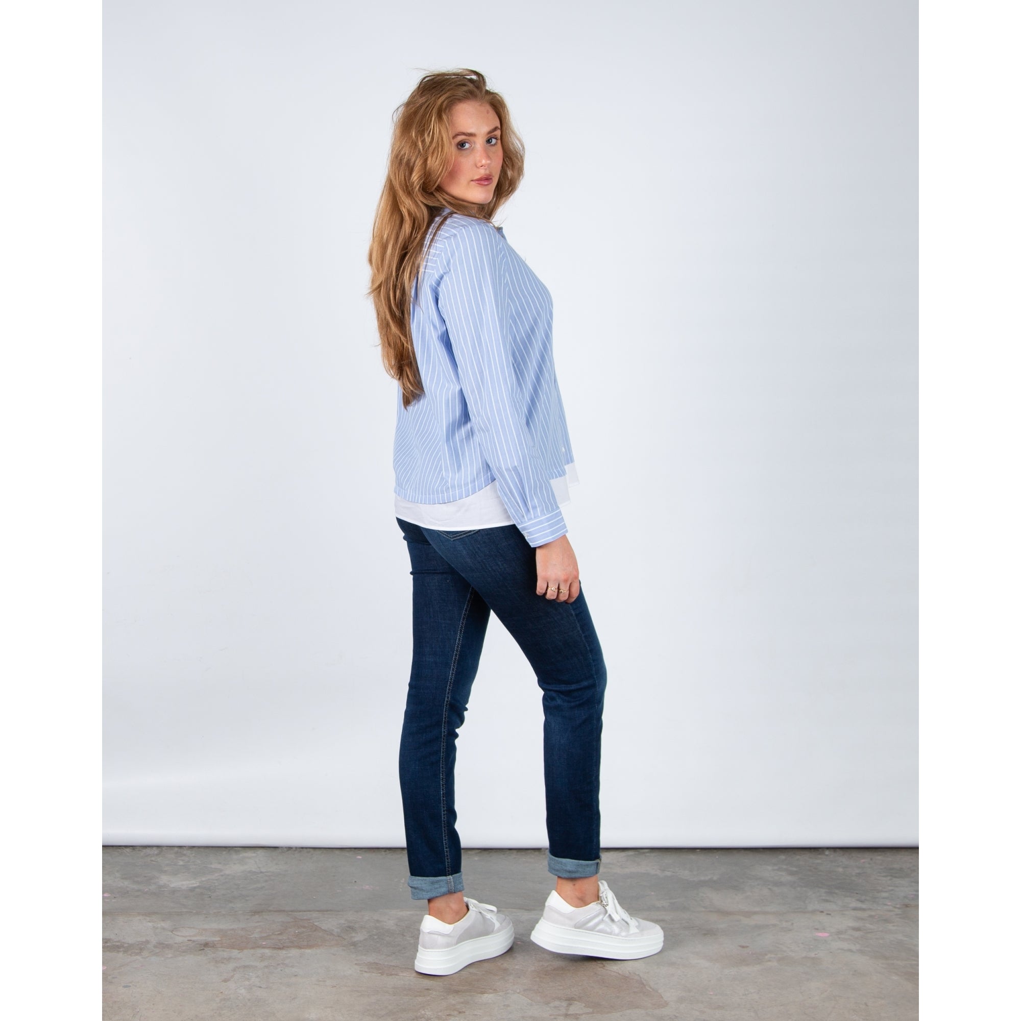 Milano Italy Boxy Stripe Shirt With Contrast Hem Pale Blue/white