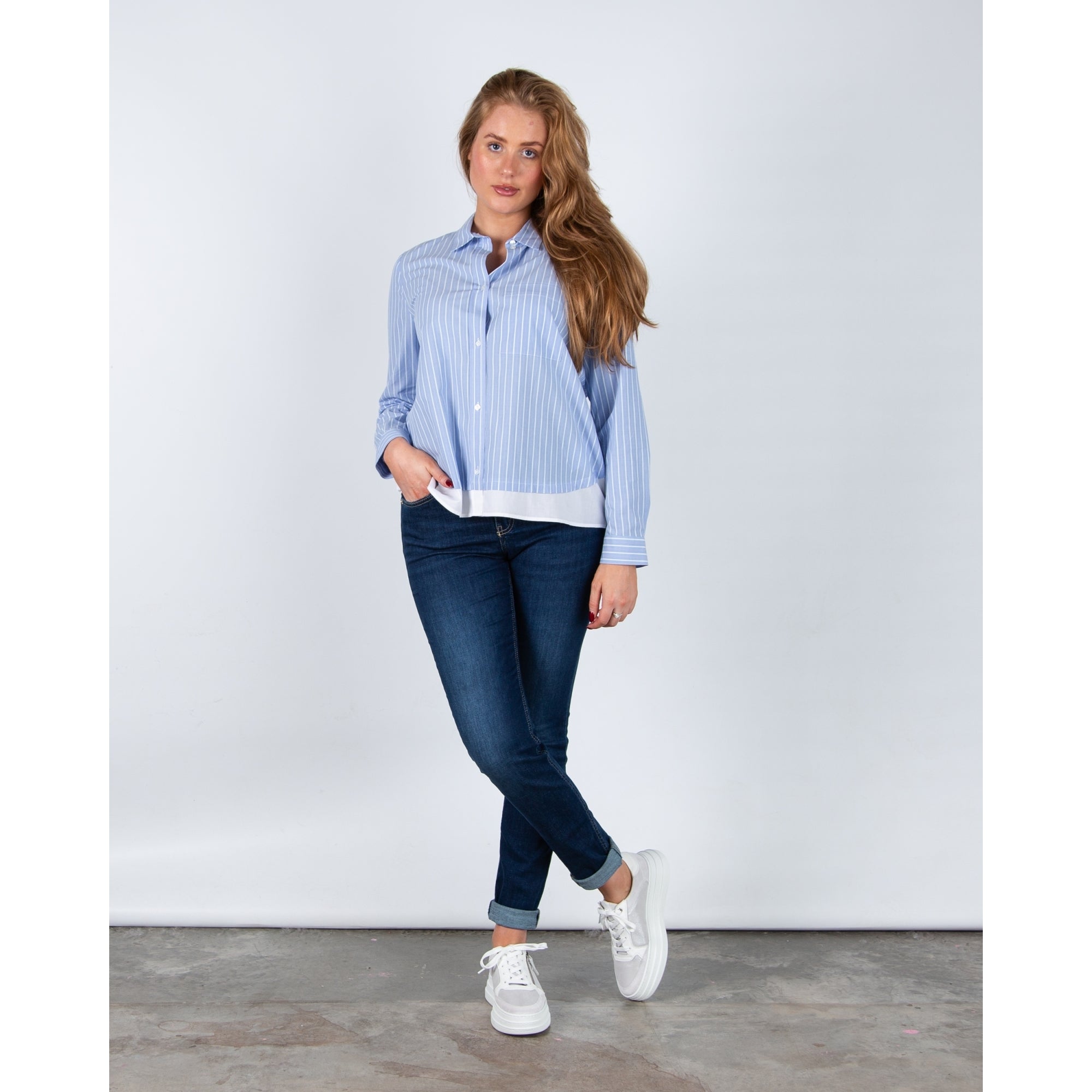 Milano Italy Boxy Stripe Shirt With Contrast Hem Pale Blue/white