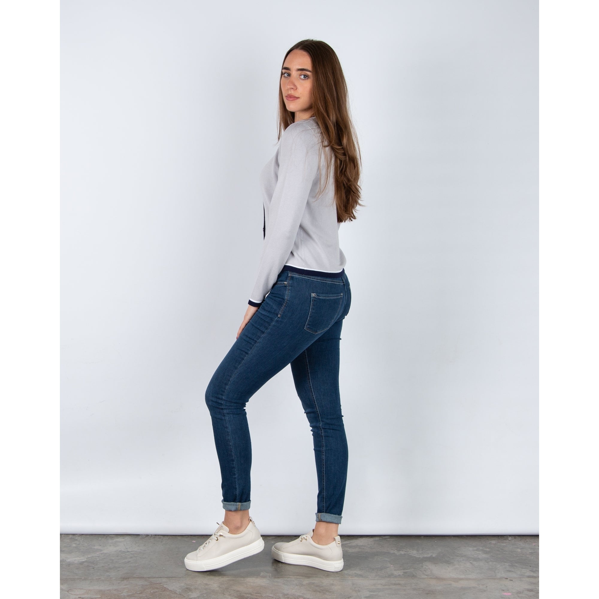 Marble Fashions Round Neck Cardigan With Contrast Stripe Edge Grey & Navy 106