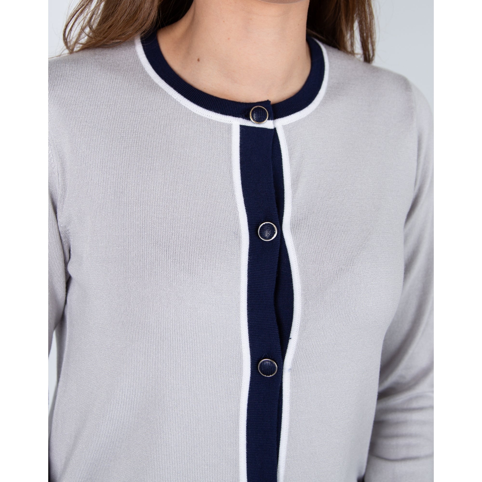 Marble Fashions Round Neck Cardigan With Contrast Stripe Edge Grey & Navy 106